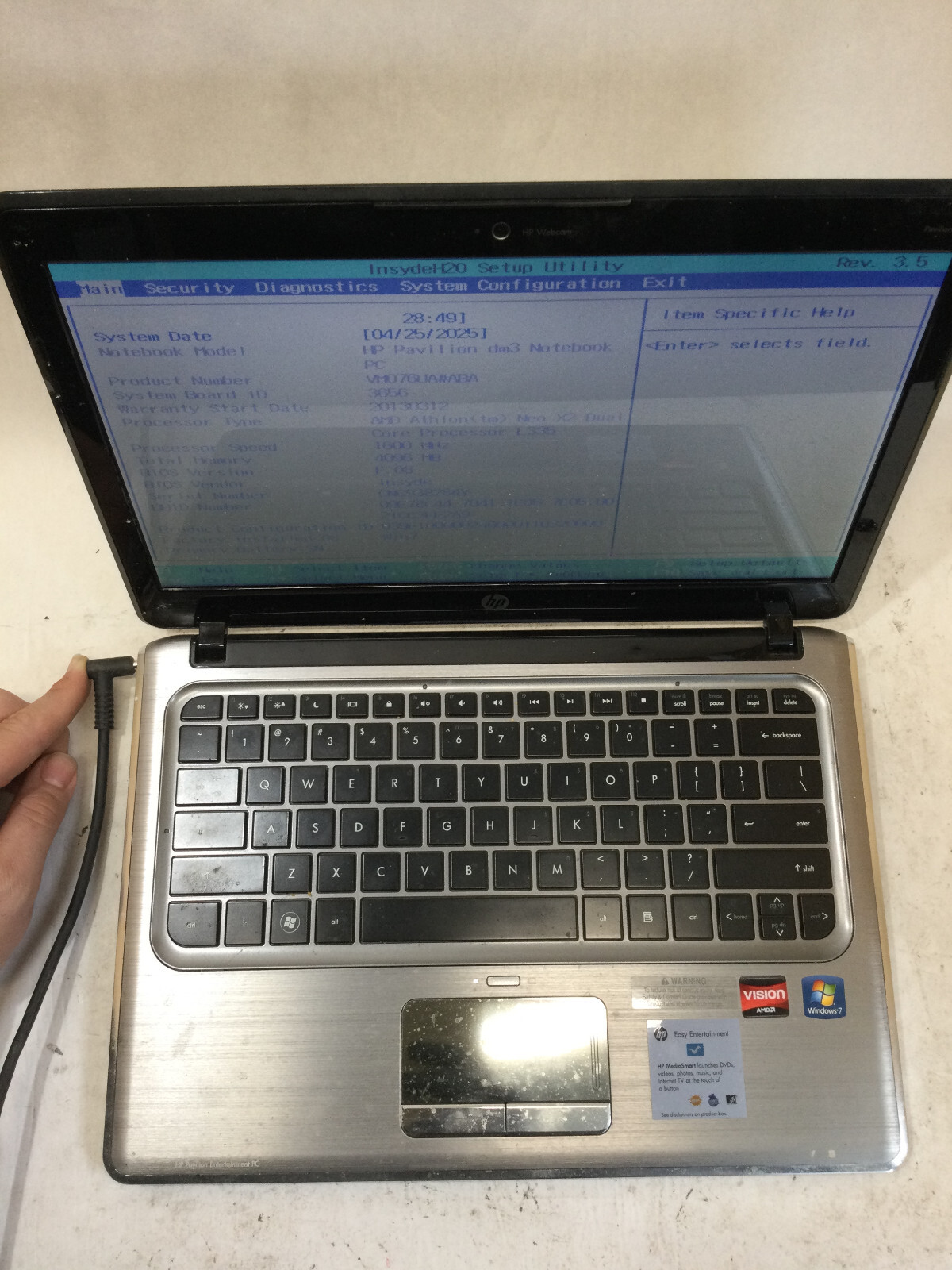 HP PAVILION DM3 – BOOTS TO BIOS – AMD ATHLON NEO X2 – 4GB RAM – READ DESCRIP -BB
