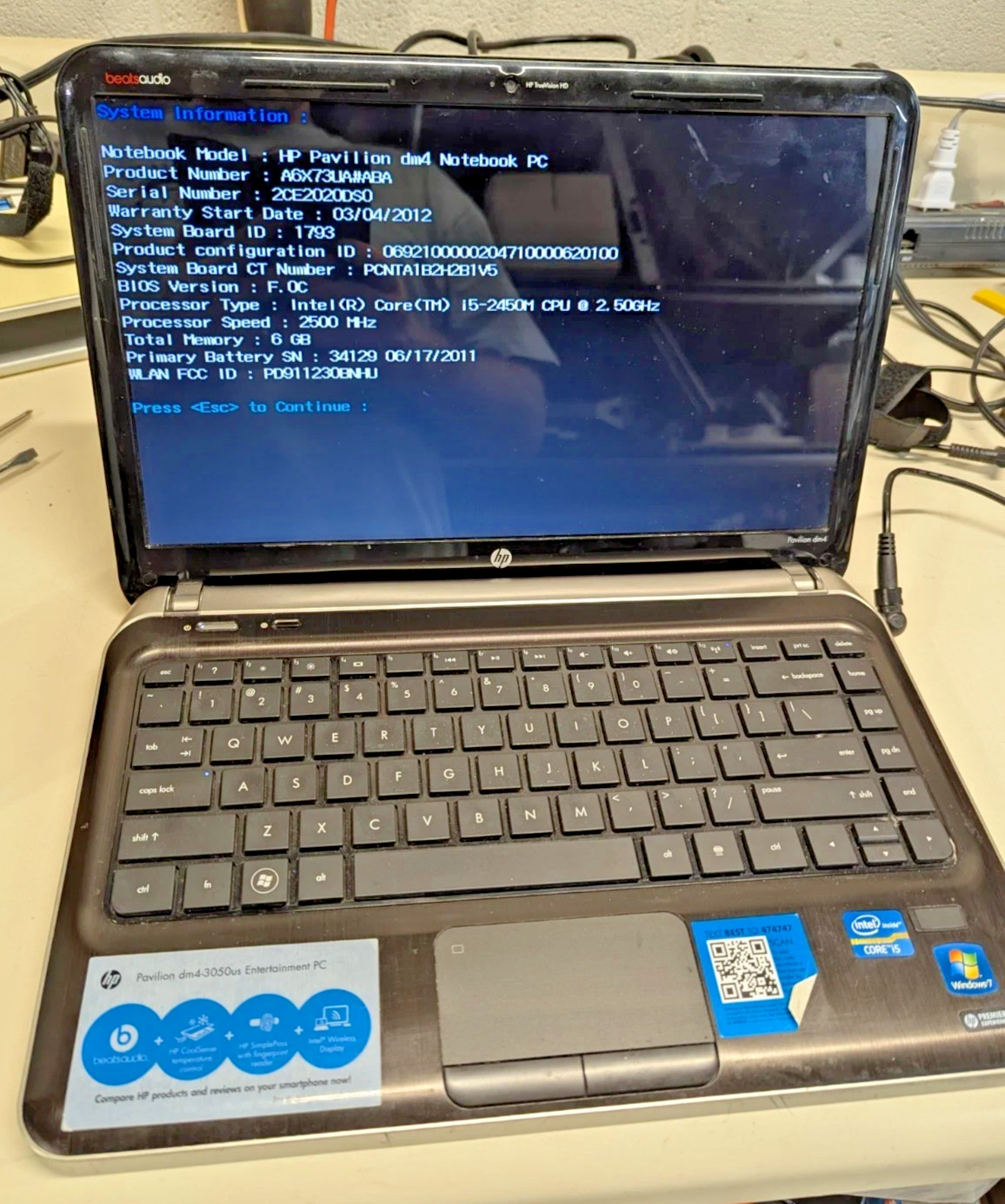 HP Pavilion dm4 14″ Laptop Intel Core i5-2nd gen 6GB RAM NO HDD NO OS Boots Bios