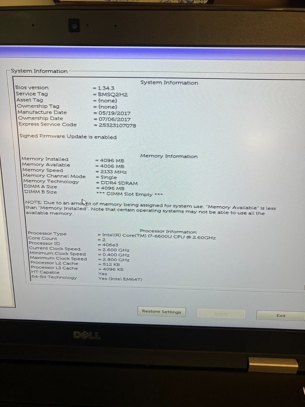 Dell Latitude E5570 Intel i7-6600U 2.60GHz NO RAM/HD/ FOR PARTS