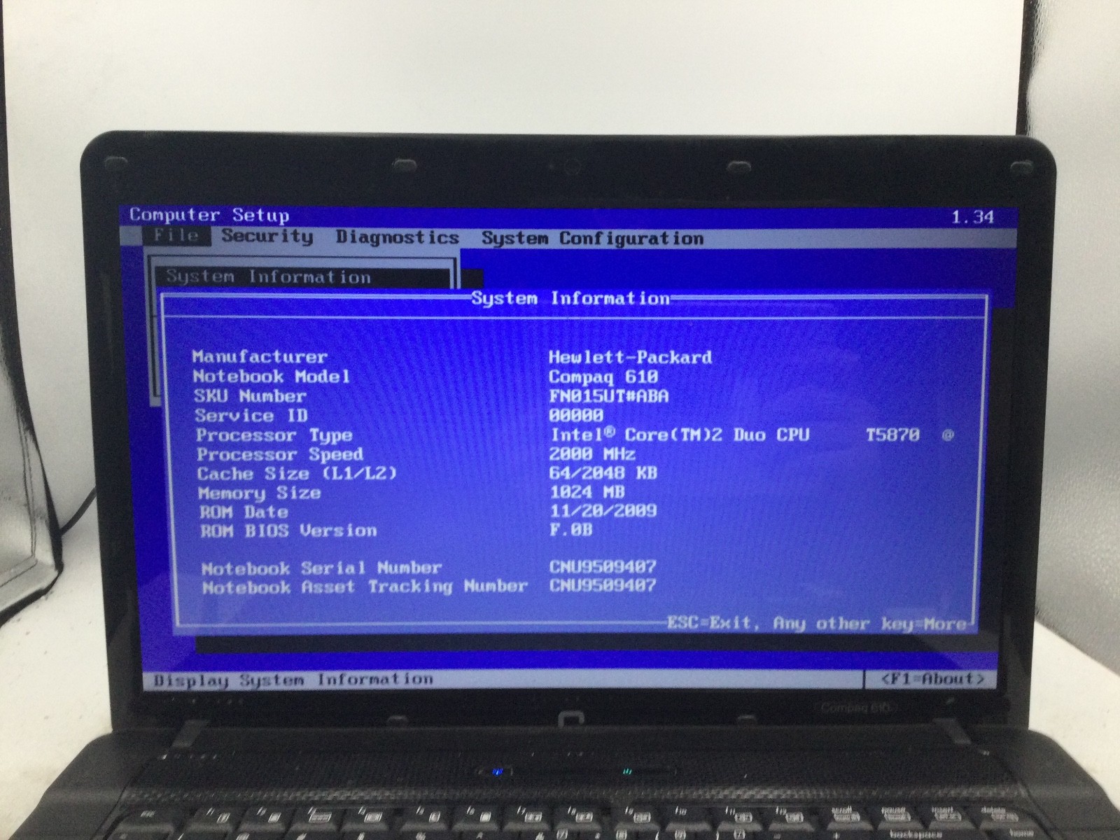 HP COMPAQ 610 – BOOTS TO BIOS – INTEL CORE 2 DUO – NO RAM – READ DESCRIPTION -BB