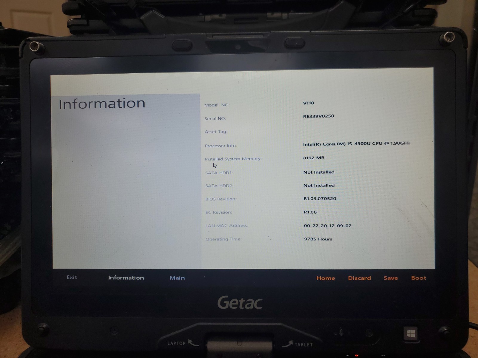 GETAC V110 Laptop Tablet Touch Screen i5-4300U 1.90GHz 8gB No HDD 9785hrs