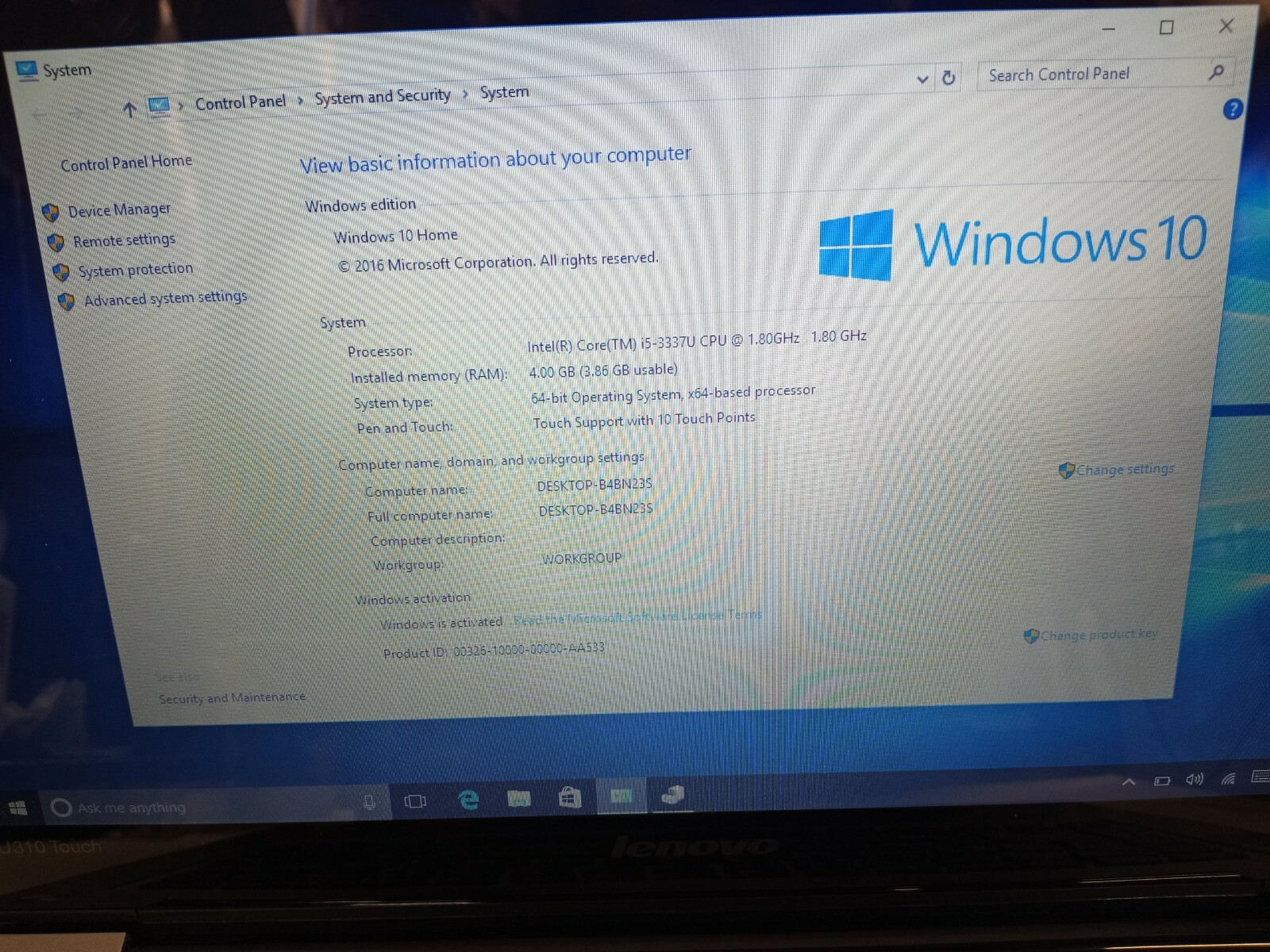 Lenovo IdeaPad U310 TOUCH 13.3″ Intel Core i5-3337U 1.8GHz 4GB 500GB HD BT Win10