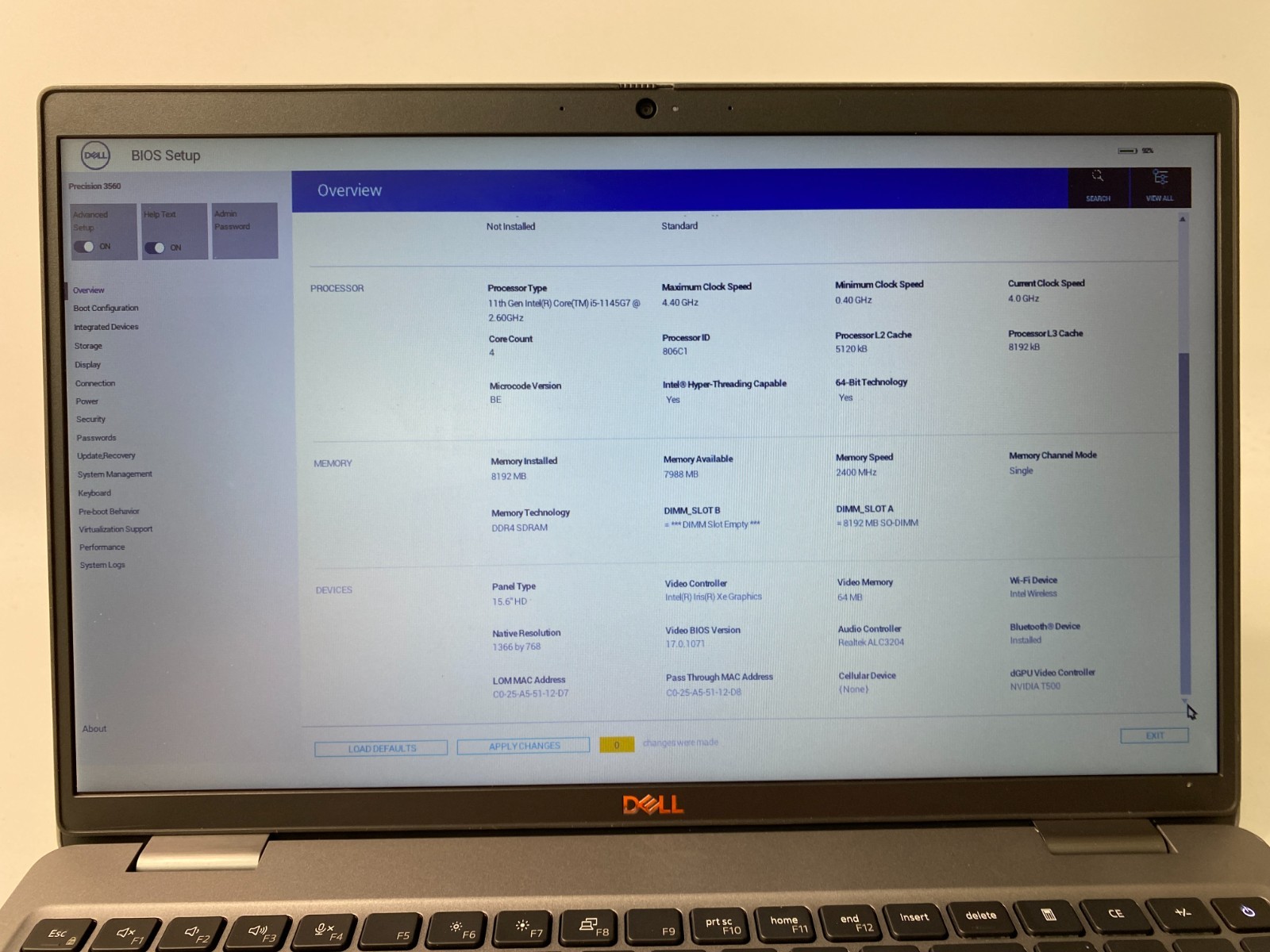 Dell Precision 3560 15.6″ i5-1145G7 8GB DDR4 T500 No SSD Broken “S” Key – PARTS