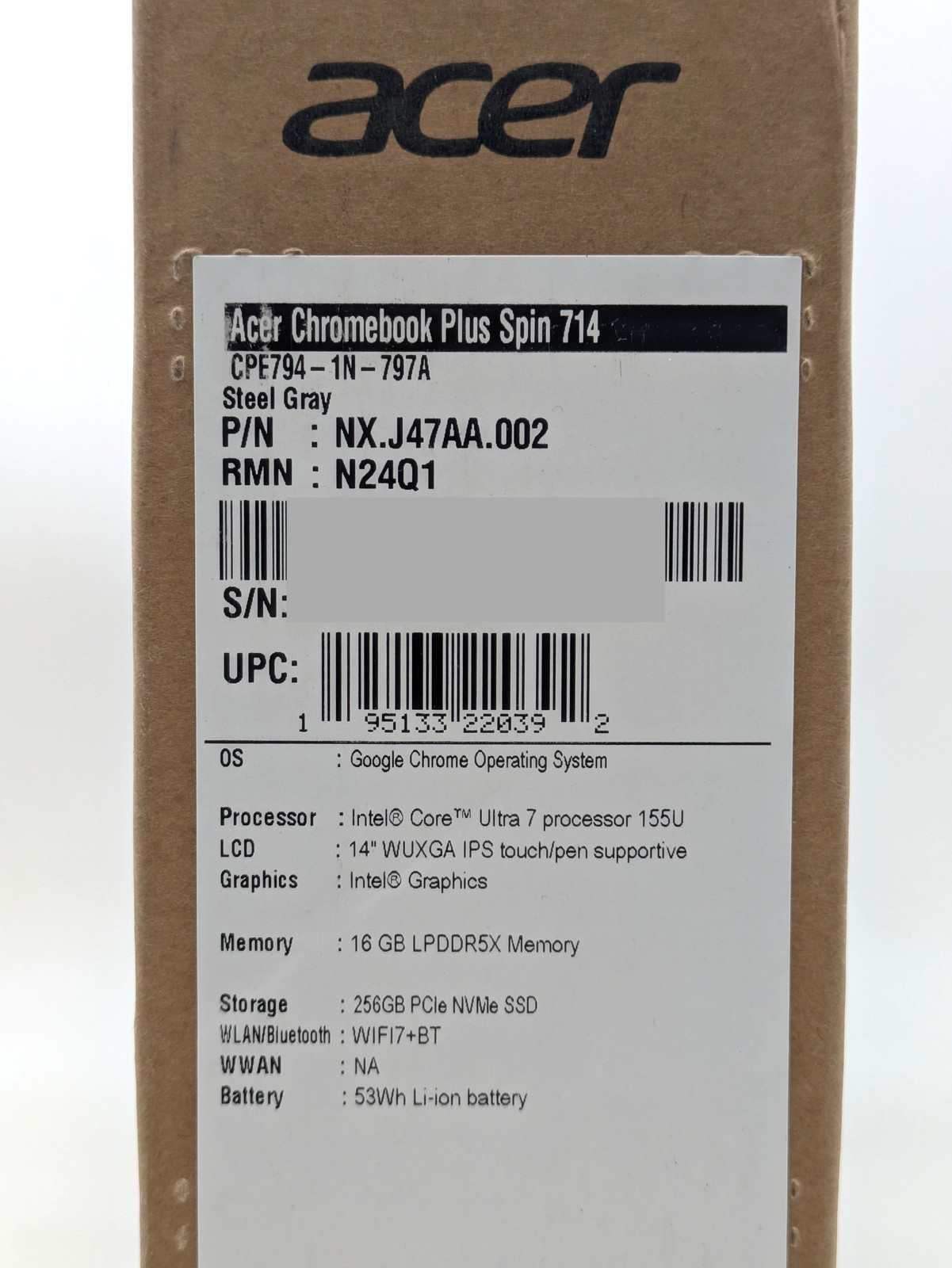 Acer Chromebook Plus Spin 714 14″ Ultra 7 155U 16GB DDR5 256GB SSD Chrome OS