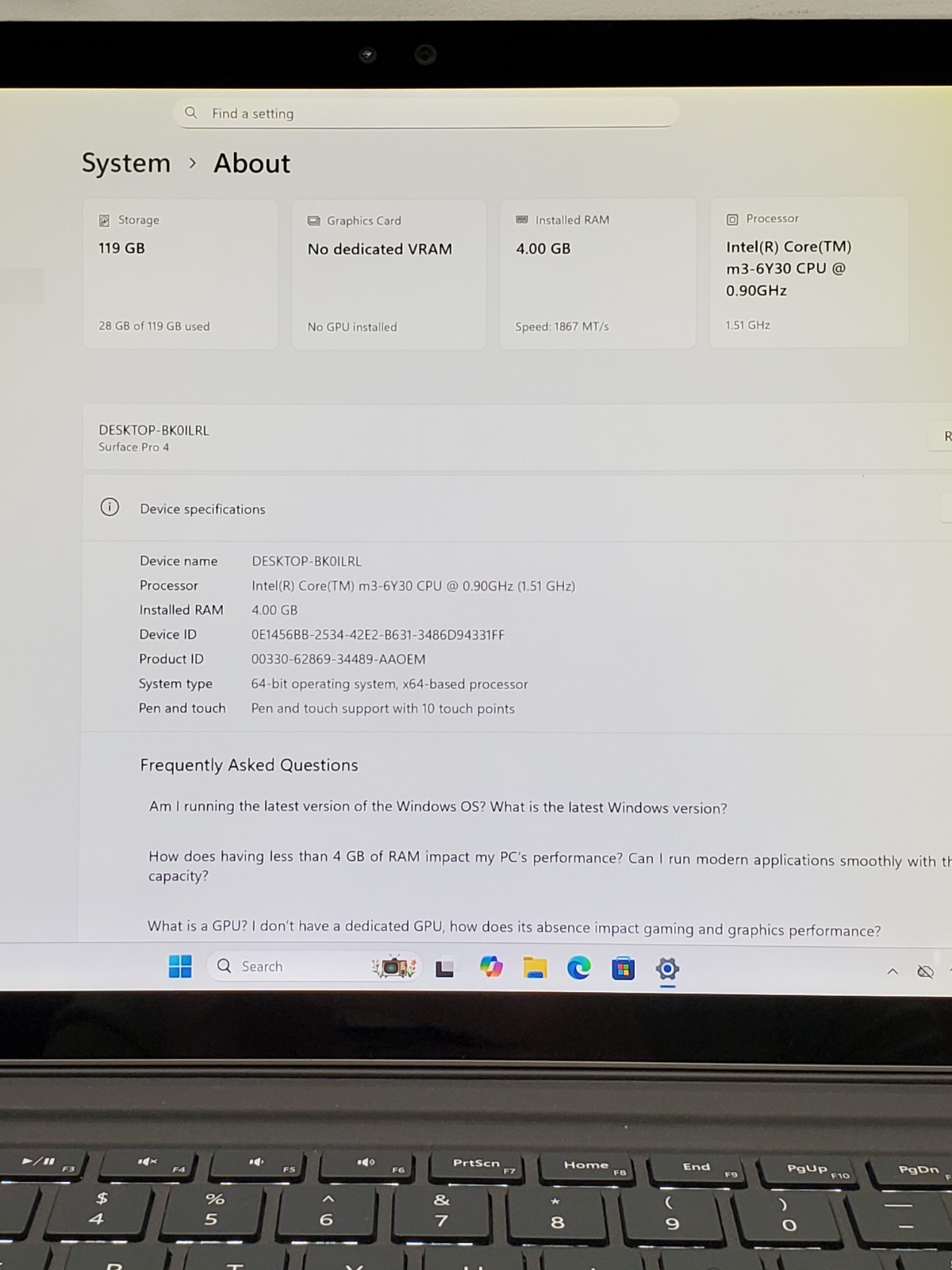 MICROSOFT SURFACE PRO 4 1724 Intel Core m3-6Y30 0.9GHz 4GB RAM 128GB Windows 11.