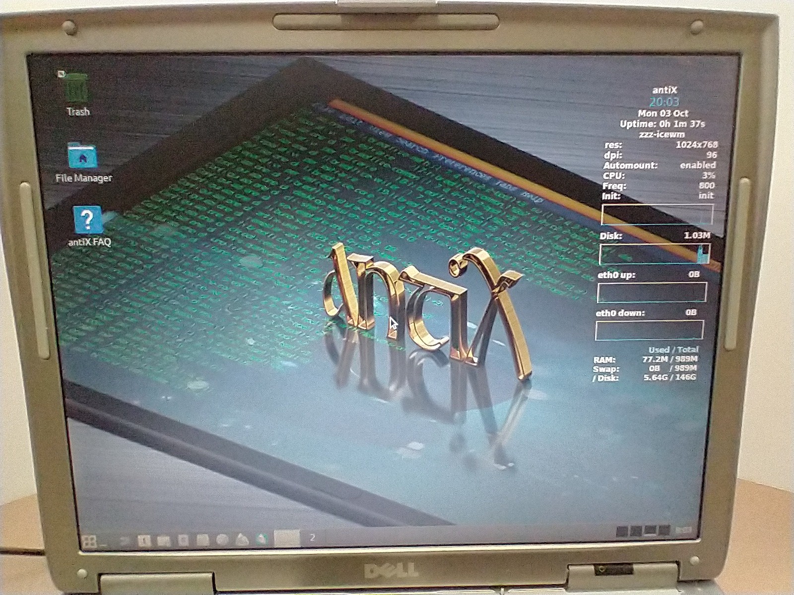 Dell 15″ XGA D510 Linux Pre-Installed AntiX / Parallel+Serial+Ethernet+WIFI+USB