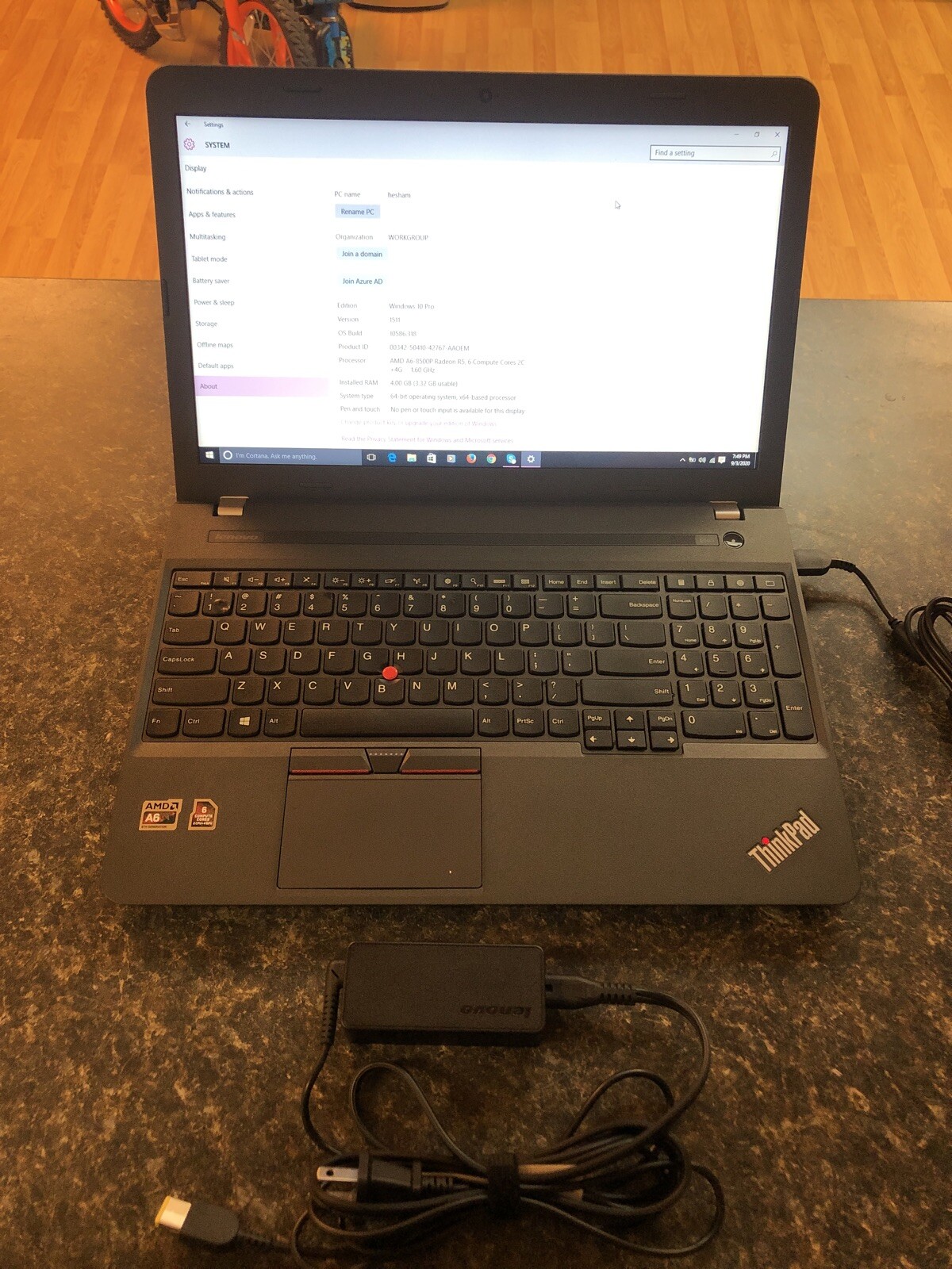 LENOVO THINKPAD E565 Laptop- AMD A6-8500P 1.6 GHz 4GB RAM WIN10 PRO 500GB MINT
