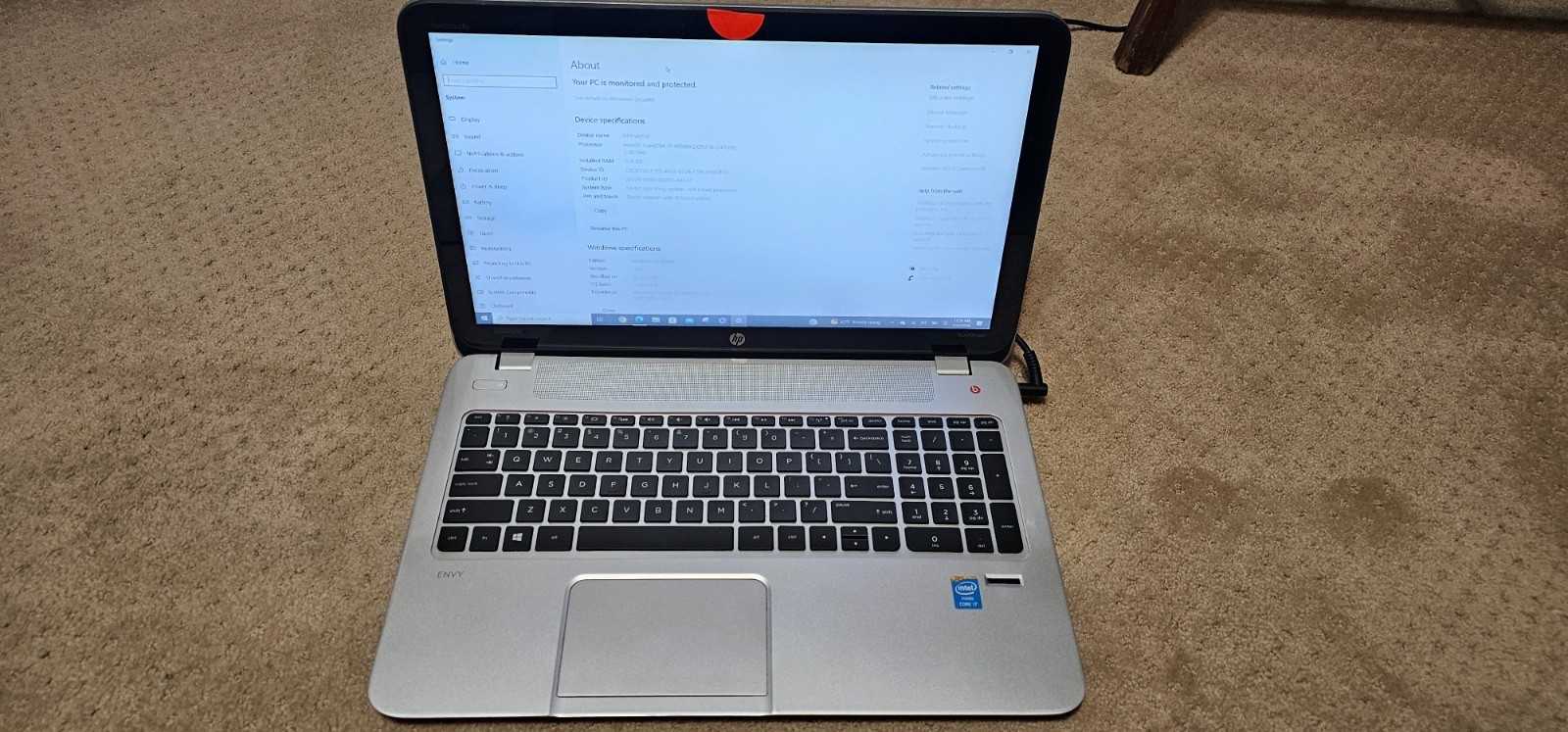 HP Envy156 15” screen, Intel Core i7-4700MQ CPU at 2.4 GHz, 12 GB RAM, 1 TB HD