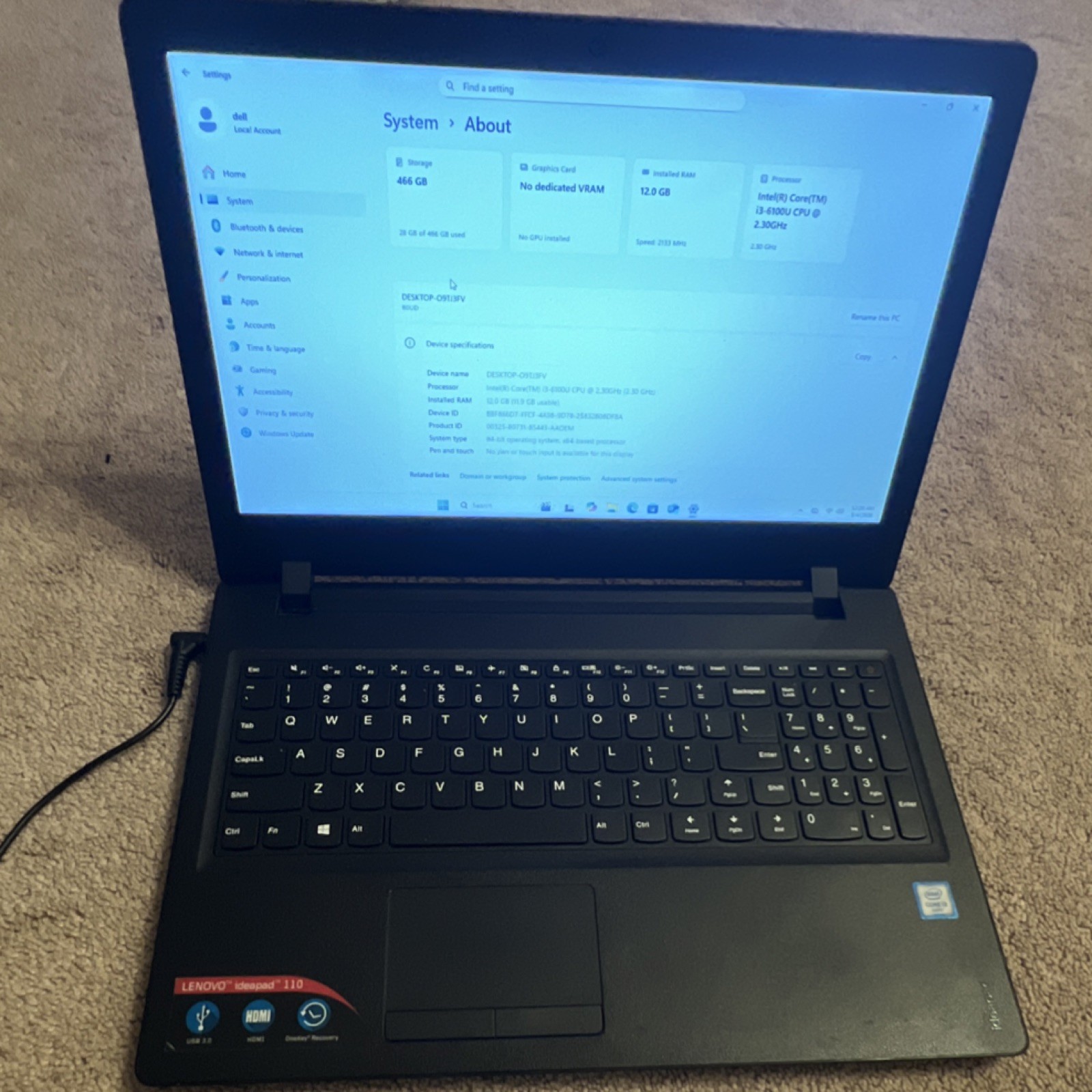 Lenovo Ideapad 110-15ISK Intel i3-6100U 12GB RAM 500GB HDD 15.6″ Win 11 bad batt