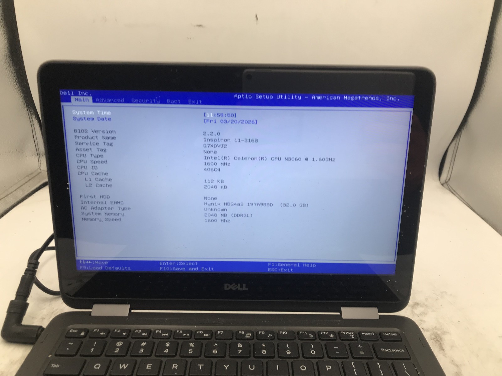 DELL INSPIRON 11 3168 – BOOTS TO BIOS – INTEL CELERON N3060 – 2GB RAM – READ -BB