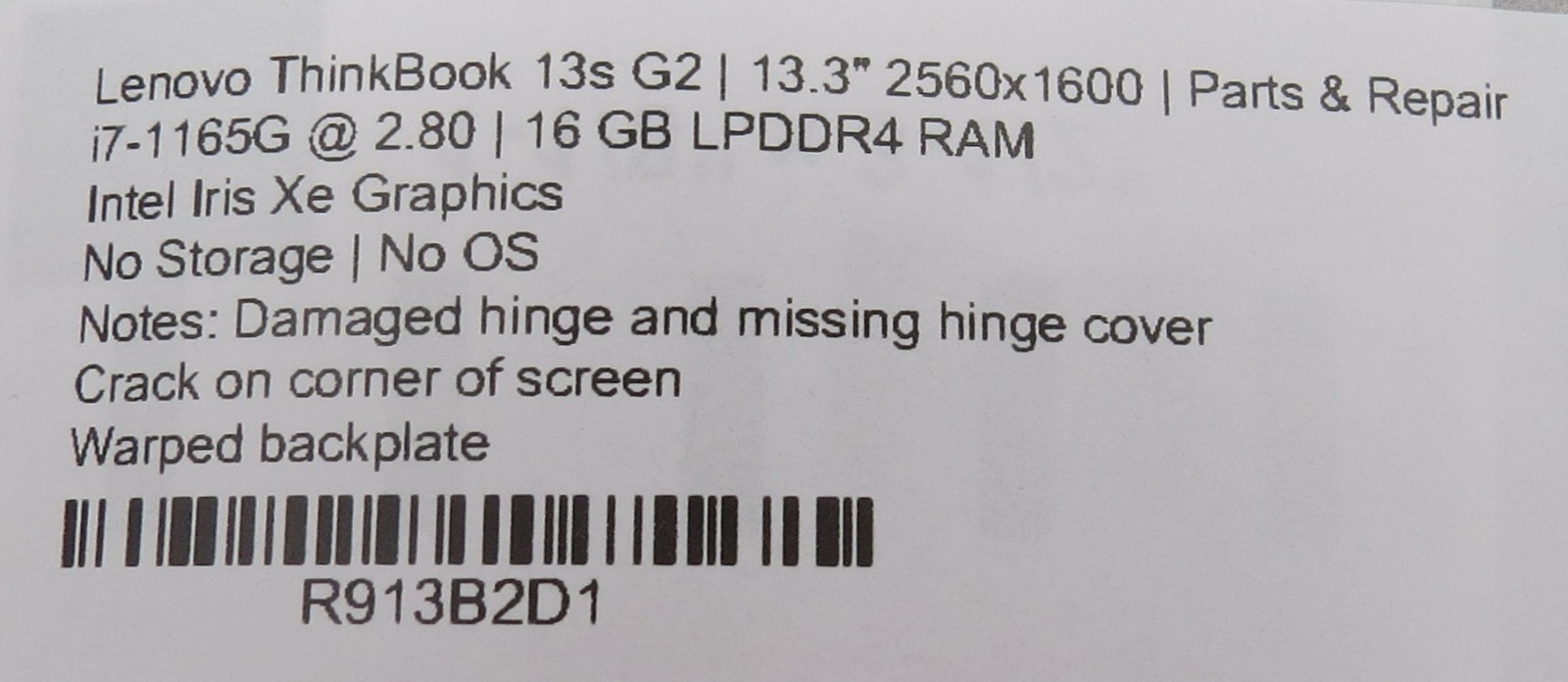 Lenovo ThinkBook 13s G2 | i7-1165G @ 2.8GHz | 16GB DDR4 | 13.3″ | No OS/HDD/AC