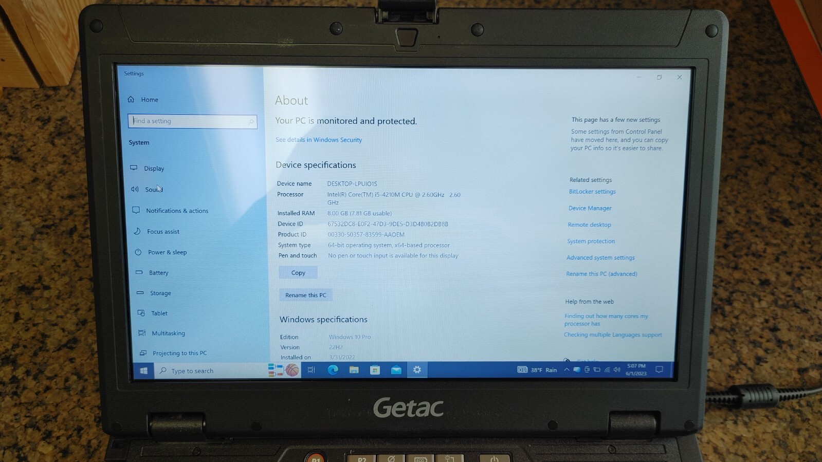Getac S400 G2 Rugged Laptop 8gb RAM 256gb SSD Fingerprint Reader Windows 10 Pro