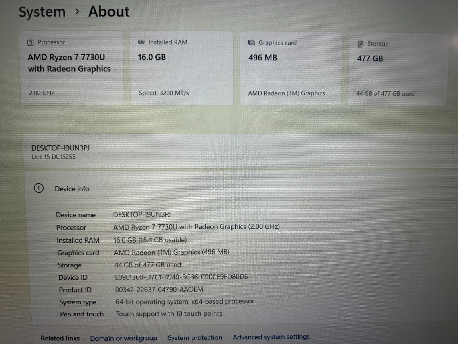 DELL 15 DC15255 G8MK9, AMD Ryzen 7 7730U, 2.00 GHz, 16 GB RAM, 512 GB NVMe SSD