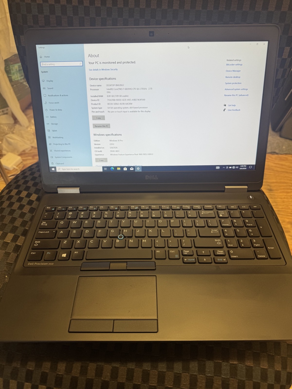 Dell Precision 3510, i7, 256gb SSD, 8gb Ram, Win 10 Pro, 6th gen.