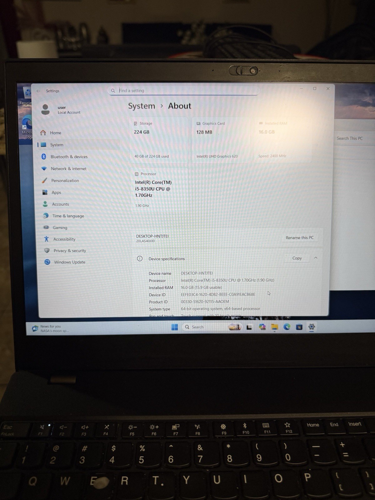Lenovo ThinkPad T580 15.6” i5 8350u 16GB RAM 128GB SSD Win 11 Pro Touchscreen