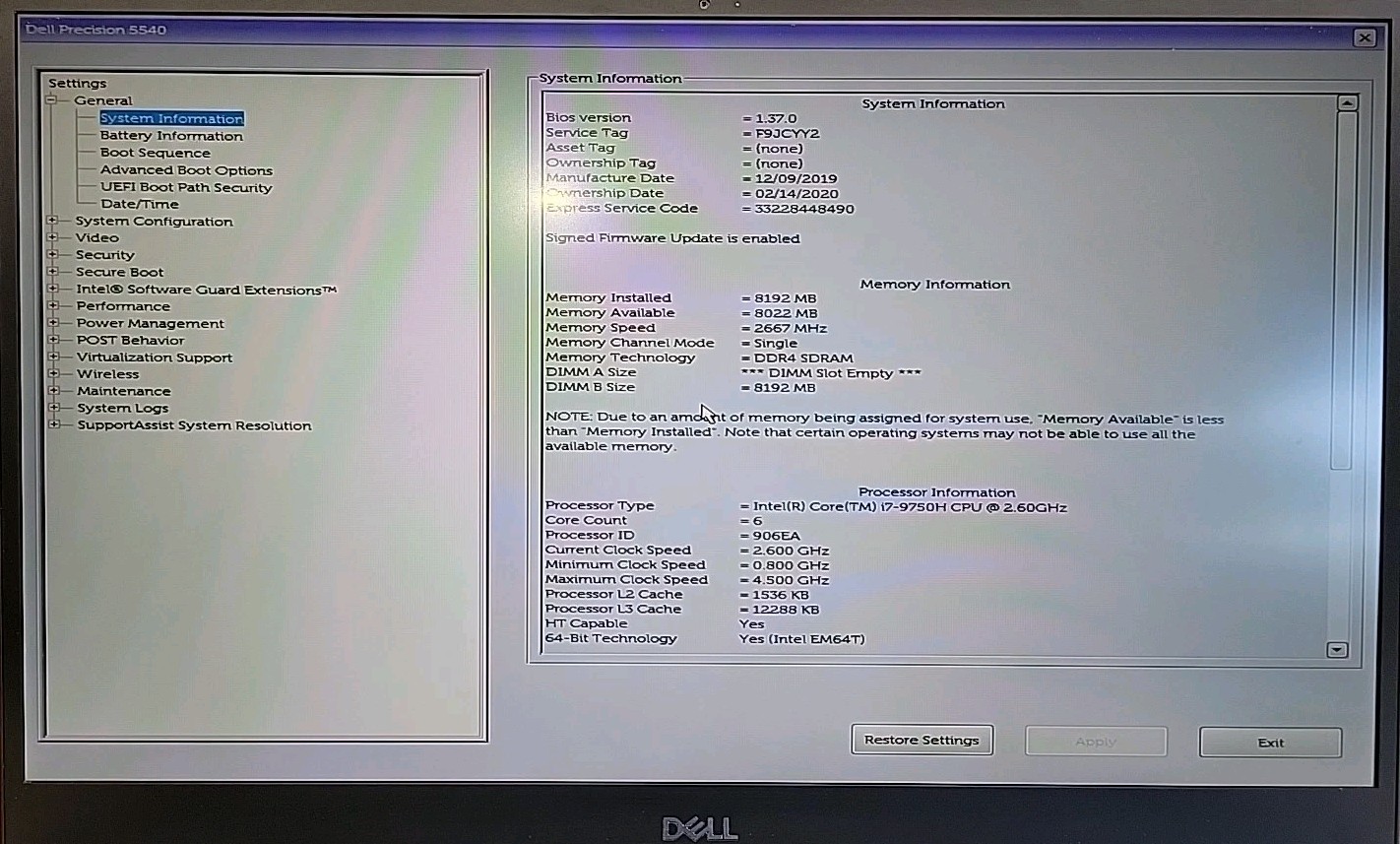 Dell Precision 5540, Intel Core i7-9750H @ 2.6GHz, 8GB RAM, NO SSD, NO OS *READ*