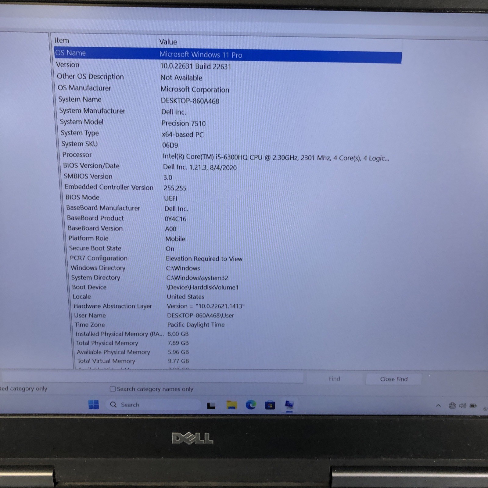 Dell Precision 7510 i5-6300HQ 2.36 Ghz 8 GB Ram 256 GB SSD Windows 11