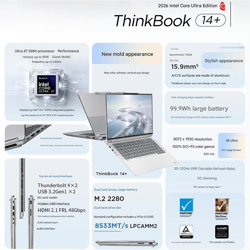 LENOVO ThinkBook 14+ 2026 AI Laptop Intel Cor Ultra X7-358H 14.5″ 3K Forcepad