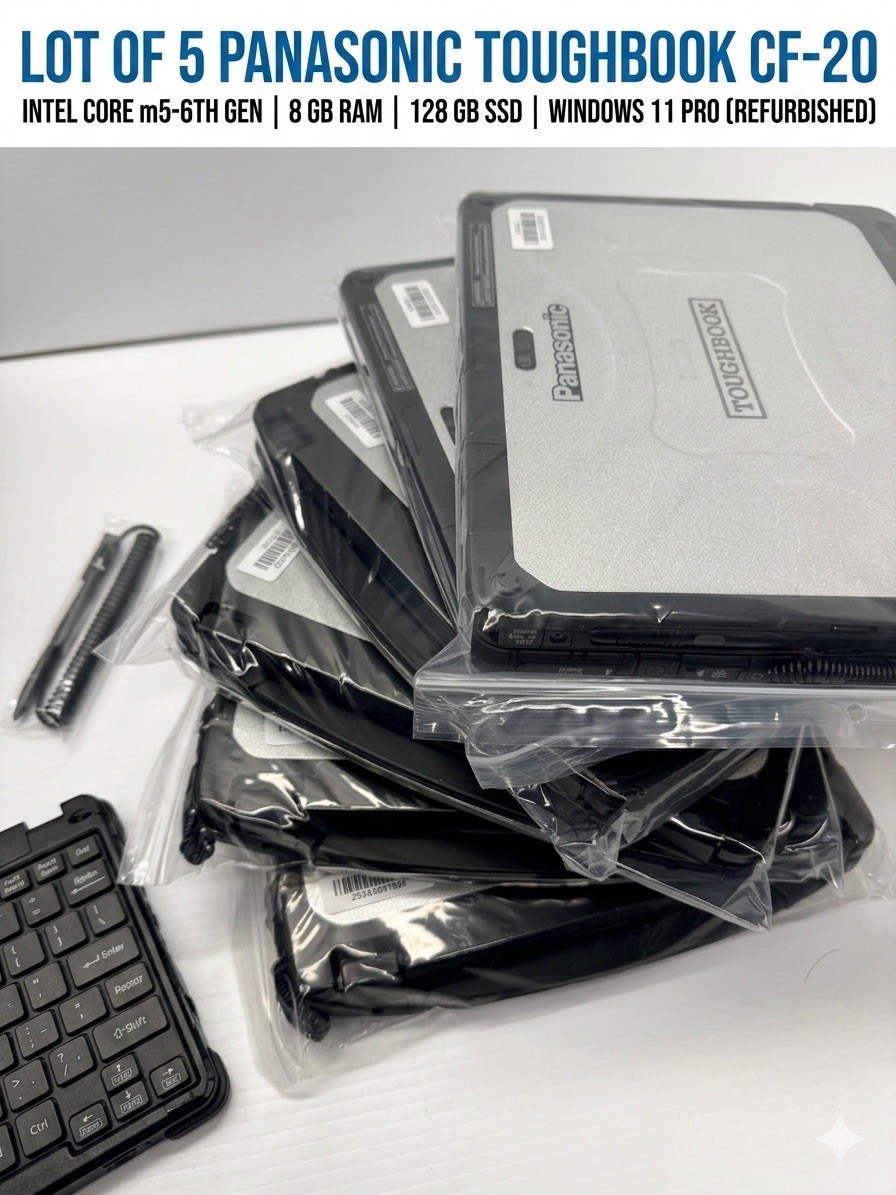5 X Panasonic ToughBook CF-20 m5-6Y57 VPRO@1.10GHZ 8GB RAM 128GB M.2, Wind 11 P