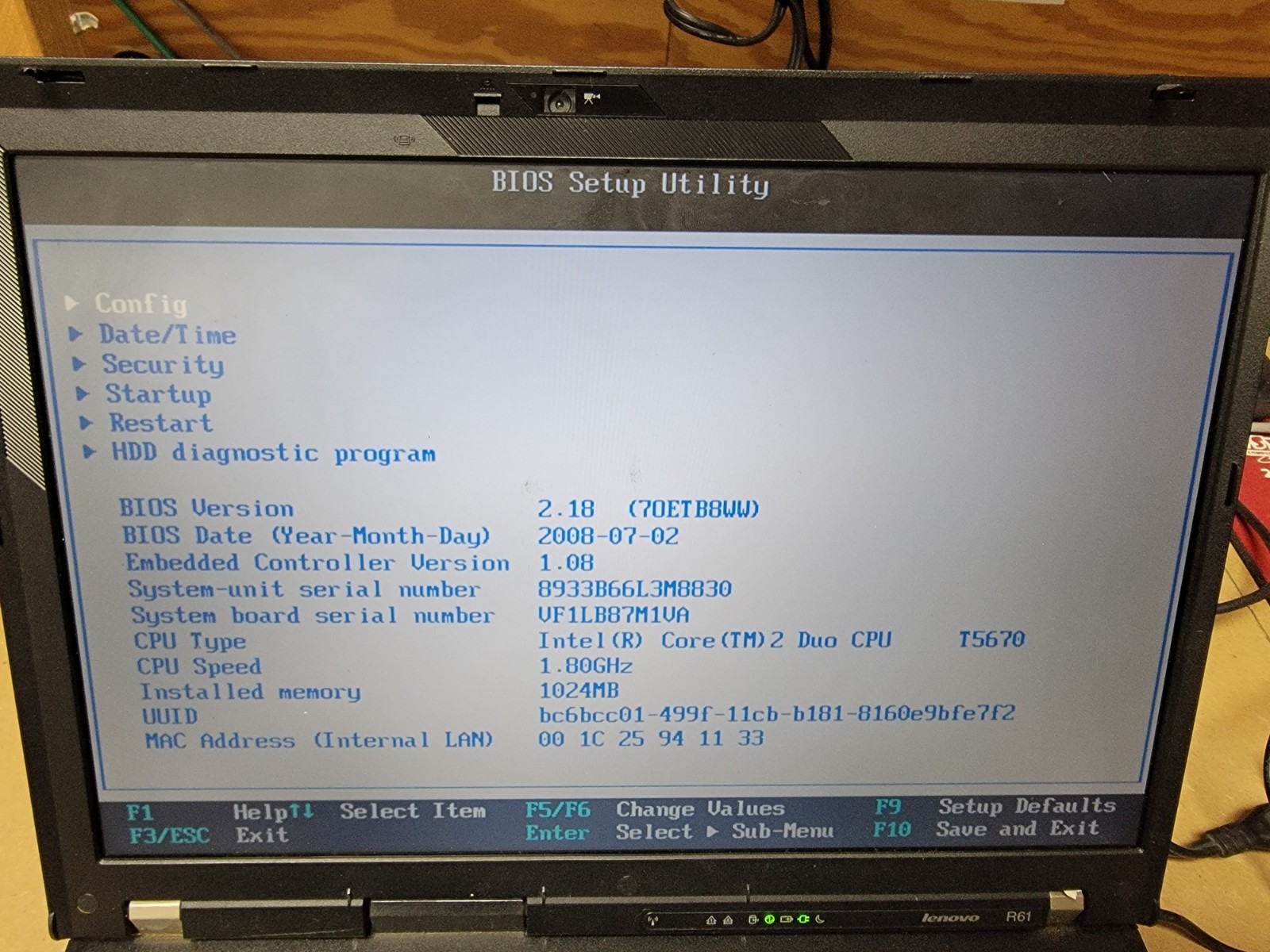 Lenovo R61 LAPTOP – INTEL CORE 2 DUO – 1GB RAM – PARTS ONLY – SEE DESCRIPTION