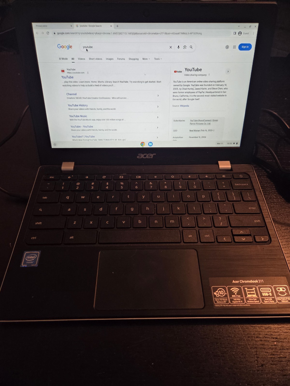Acer Chromebook 311 CB311-9H (11.6″) Celeron N4020, 8GB RAM, 4gb W/Charger