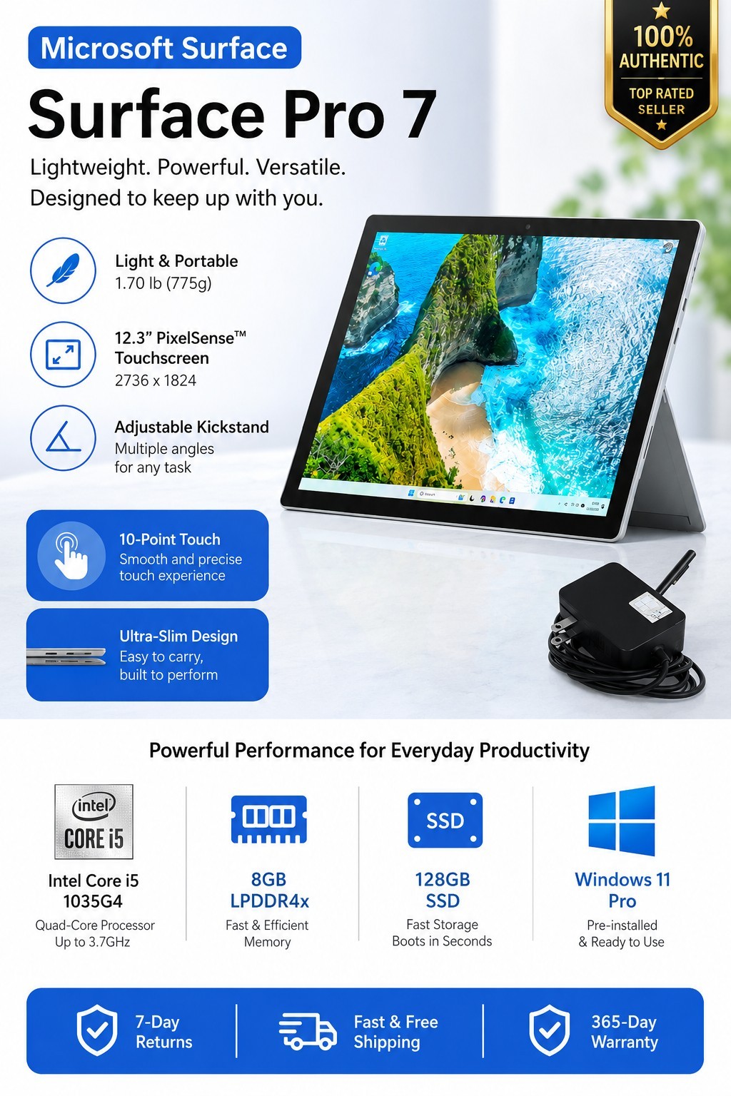 Microsoft Surface Pro 7 1866 12.3″ Touch Laptop i5-1035G4 8GB 128GB SSD W11 Pro