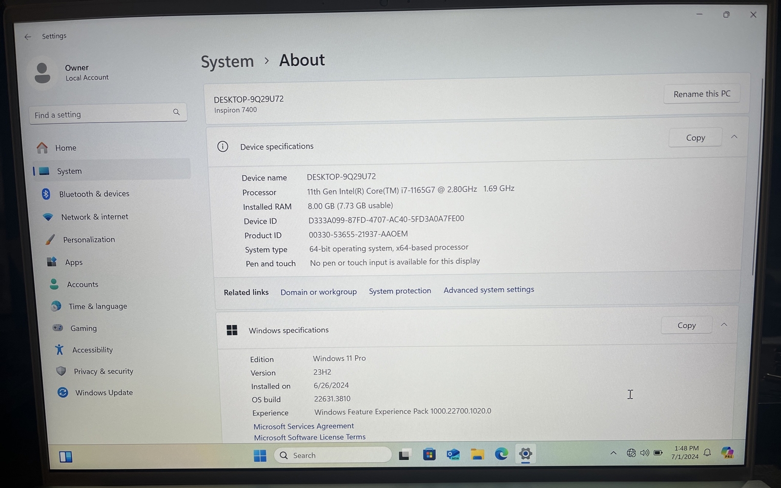 Dell Inspiron 7400 14.5″ i7-1165G7@2.8GHz, 8GB RAM, 1TB M2, Win 11 Pro *READ*