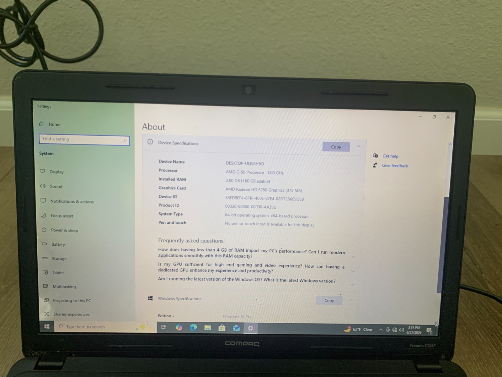 Compaq Presario CQ57 15.6″ AMD C-50 1.00Ghz 2GB RAM 120GB HDD Win 10 Pro
