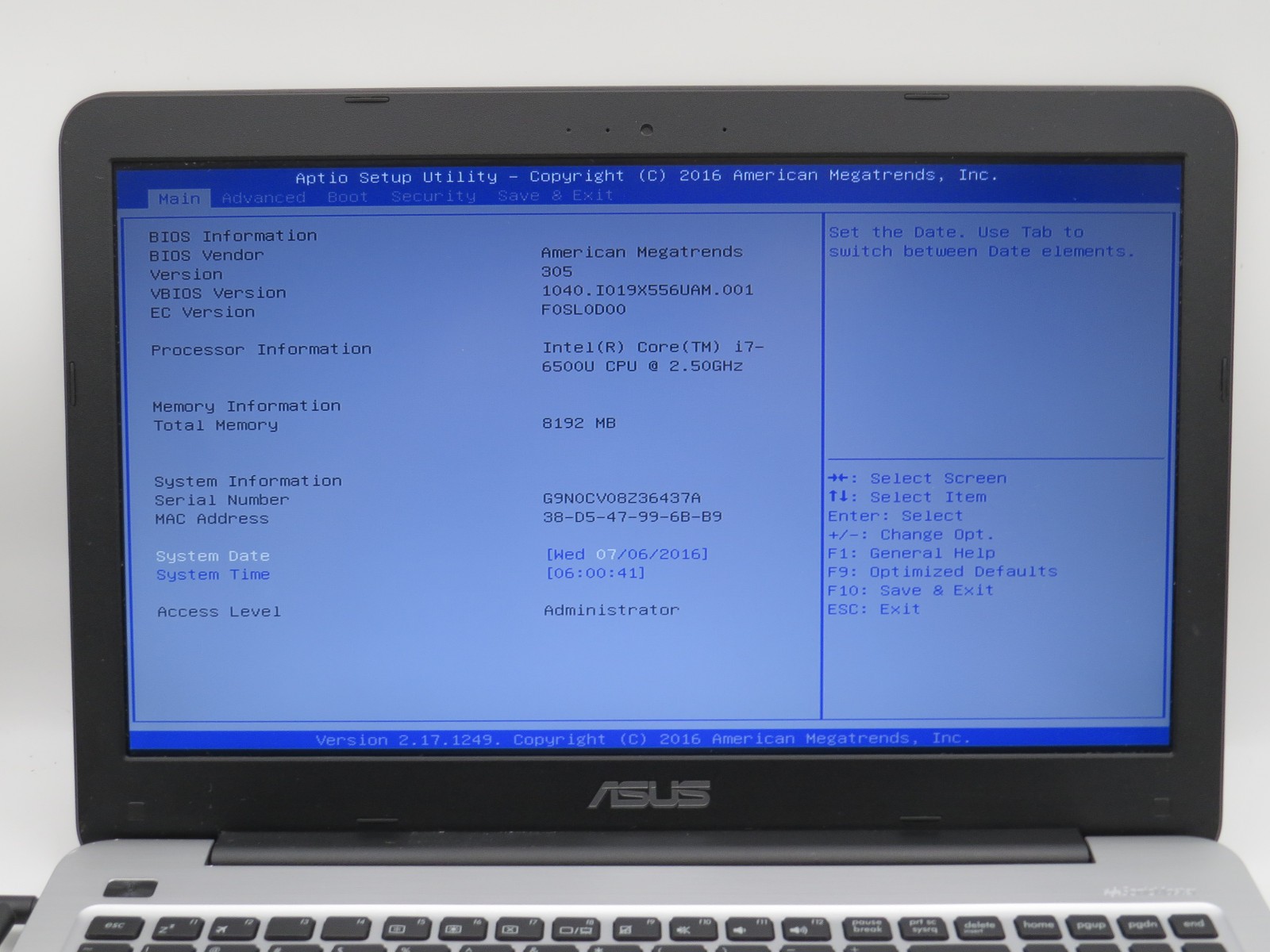 ASUS F556U i7-6500U @ 2.7GHz 4GB DDR4 238GB SSD 15.6″ No OS