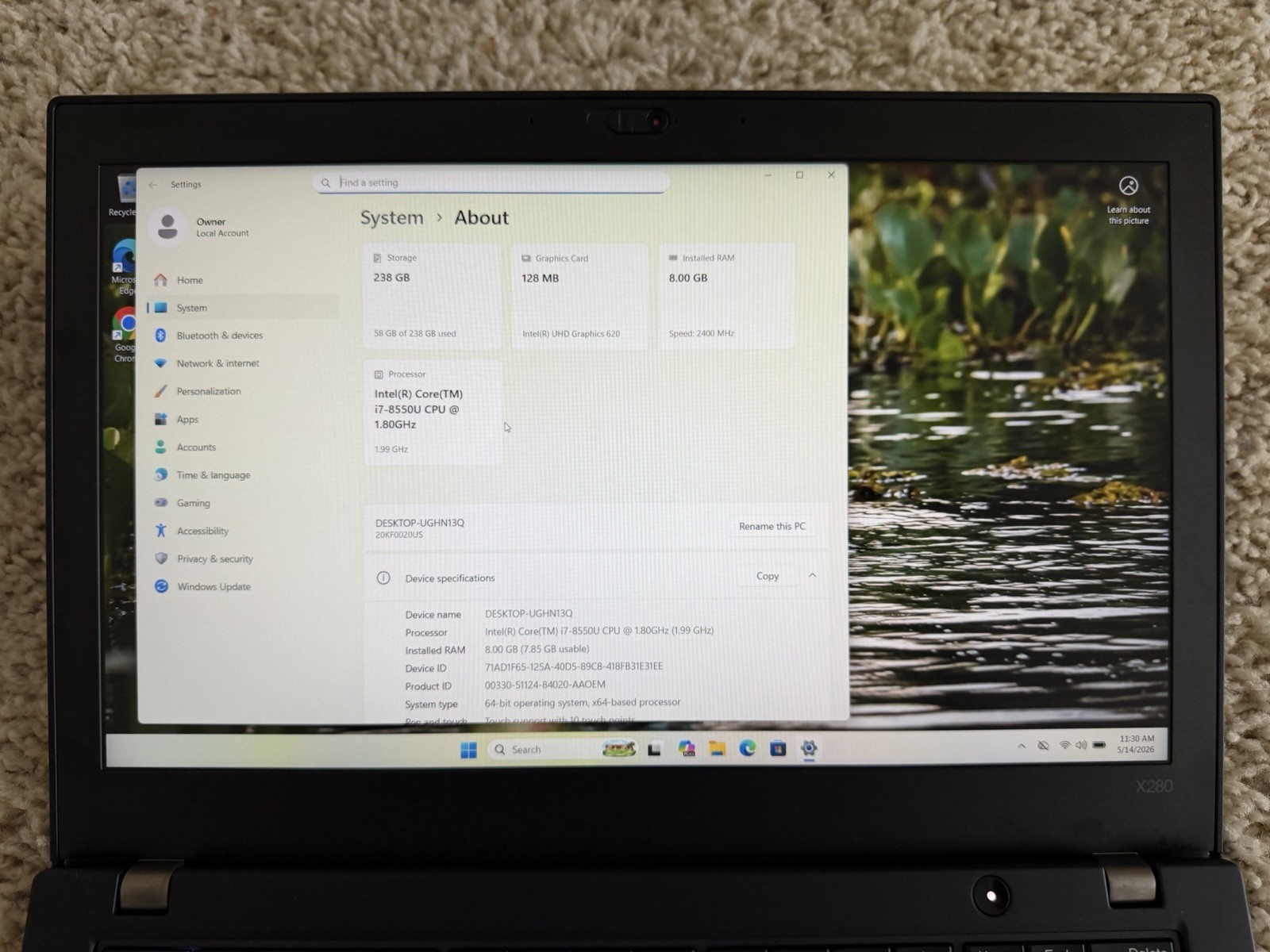 Lenovo ThinkPad X280 12.5″ FHD i7-8550U 8GB RAM 256GB SSD W11 pro – READ