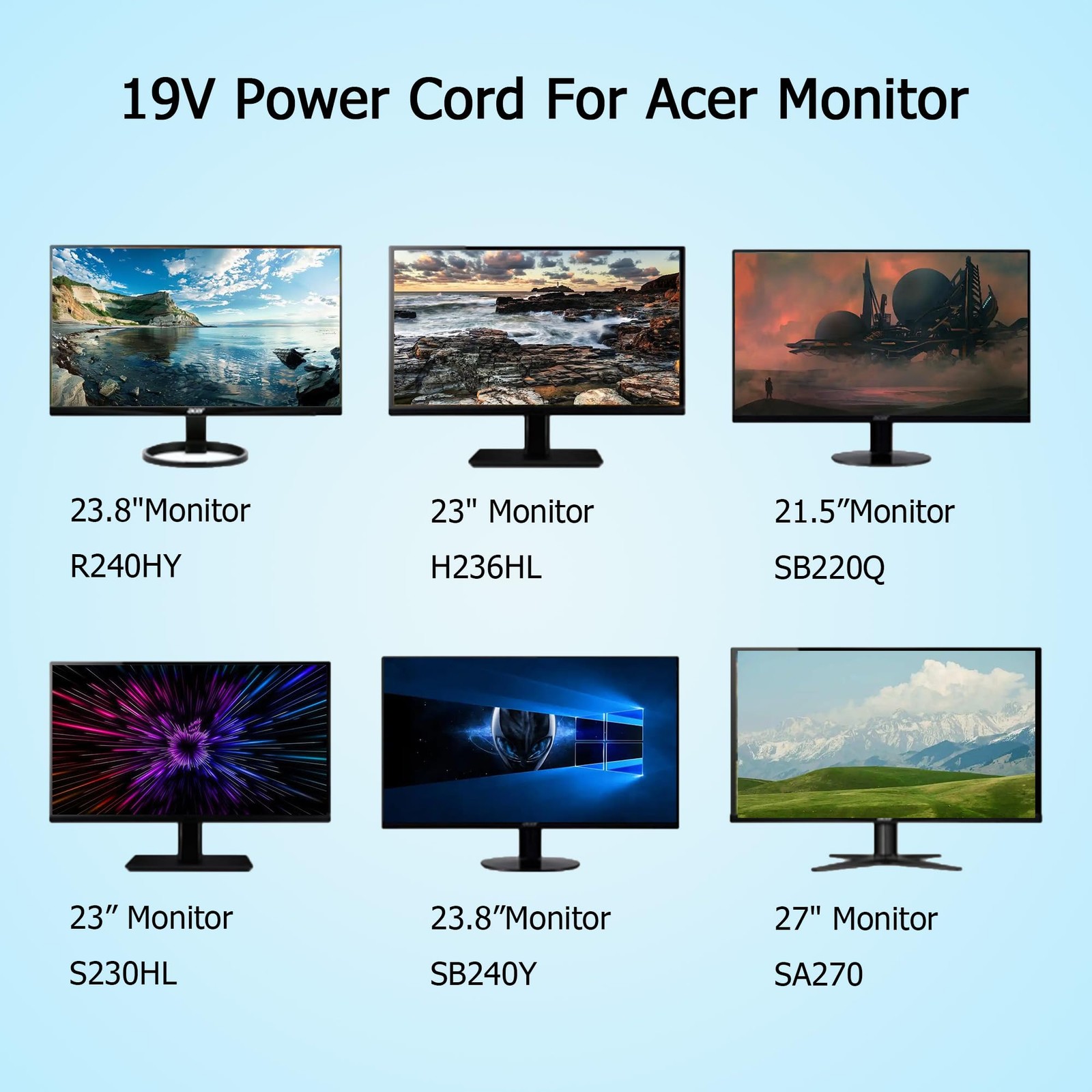 19V AC Power Cord for Acer Monitors R240HY SB220Q SA230 S231HL H236HL S202