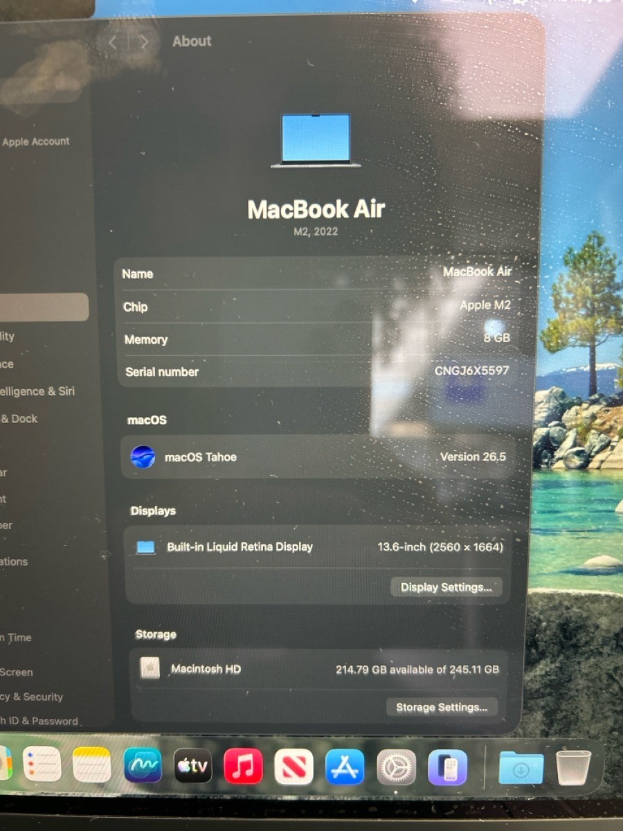 Apple MacBook Air 2022 A2681 13in M2 8 Core GPU 8GB RAM 256GB (EZ5002591)