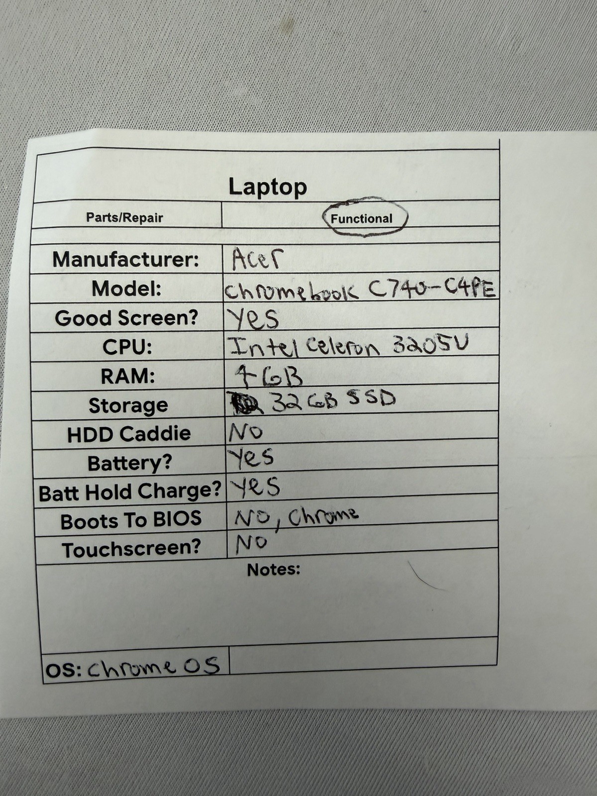 Acer Chromebook C740-C4PE Laptop – Good Screen – Intel Celeron 3205U – Read Des
