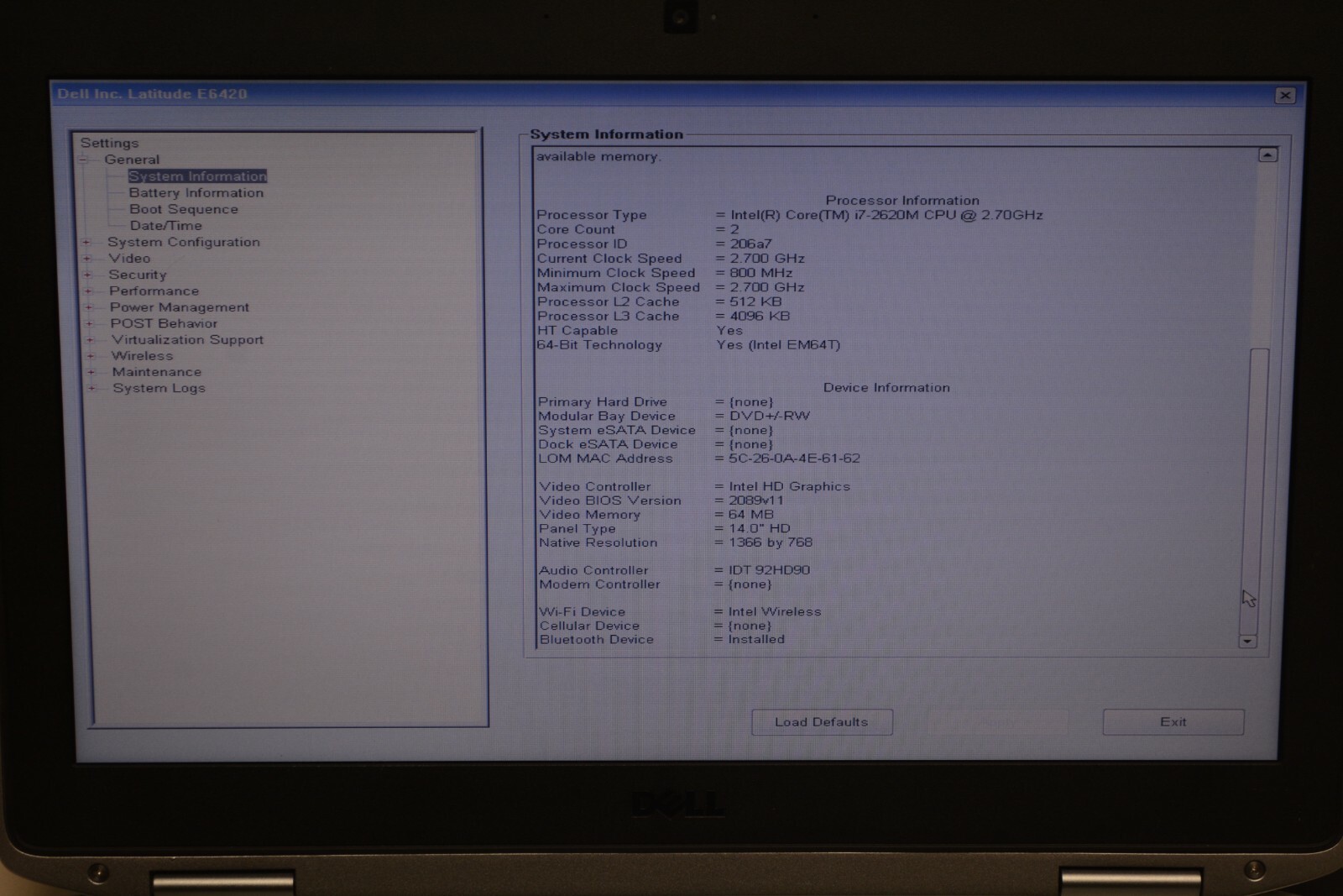 Dell Latitude E6420 14″ Intel i7-2620M 2.7GHz 4GB Ram No HD #Z435