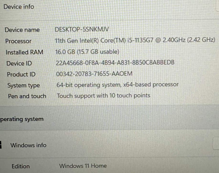 DELL INSPIRON 3511 LAPTOP CORE i5-1135G7 @ 2.40GHZ 16GB RAM 350GB SSD (lp624)