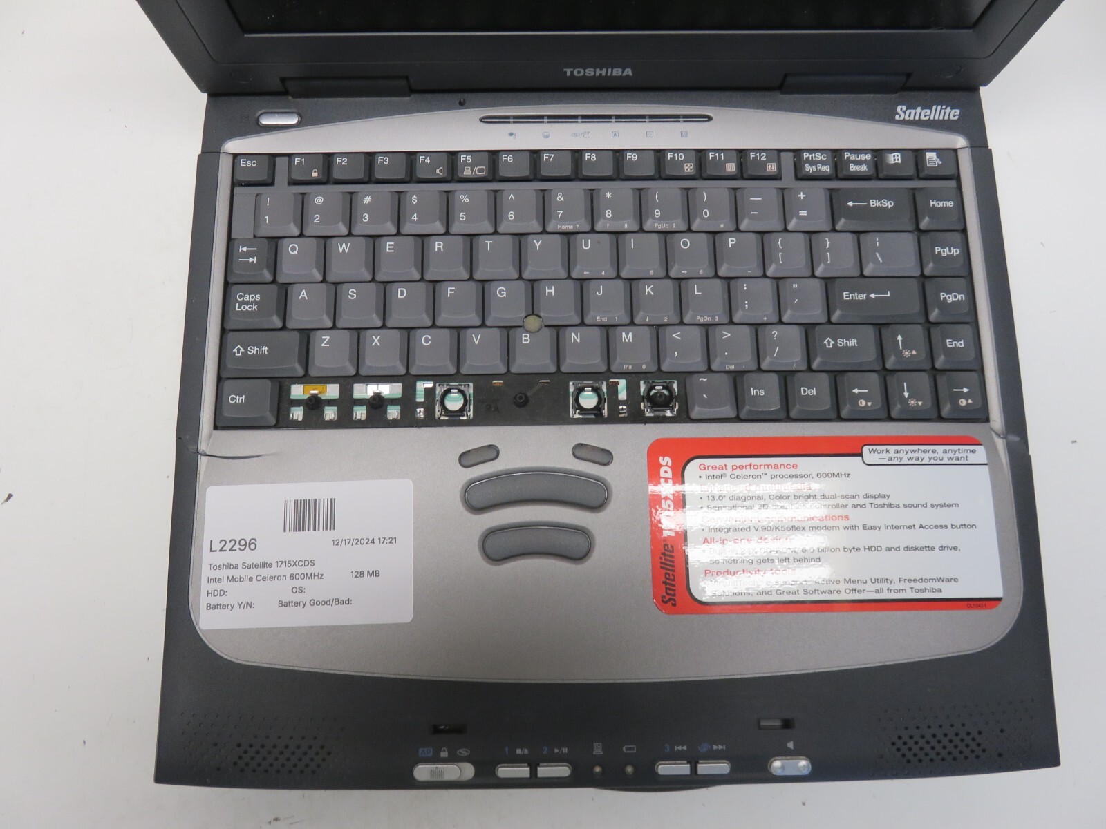 Toshiba Satellite 1715XCDS Intel Mobile Celeron 600MHz 128 MB NO HDD No Batt