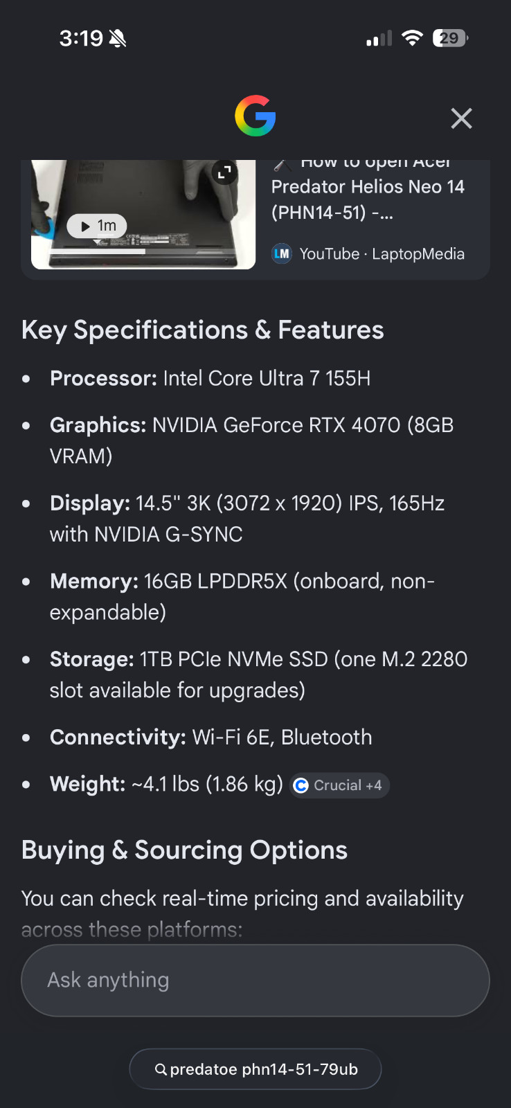 Acer Predator Helios Neo 14.5″ Intel Core Ultra 7 16GB 1TB RTX 4060 Laptop