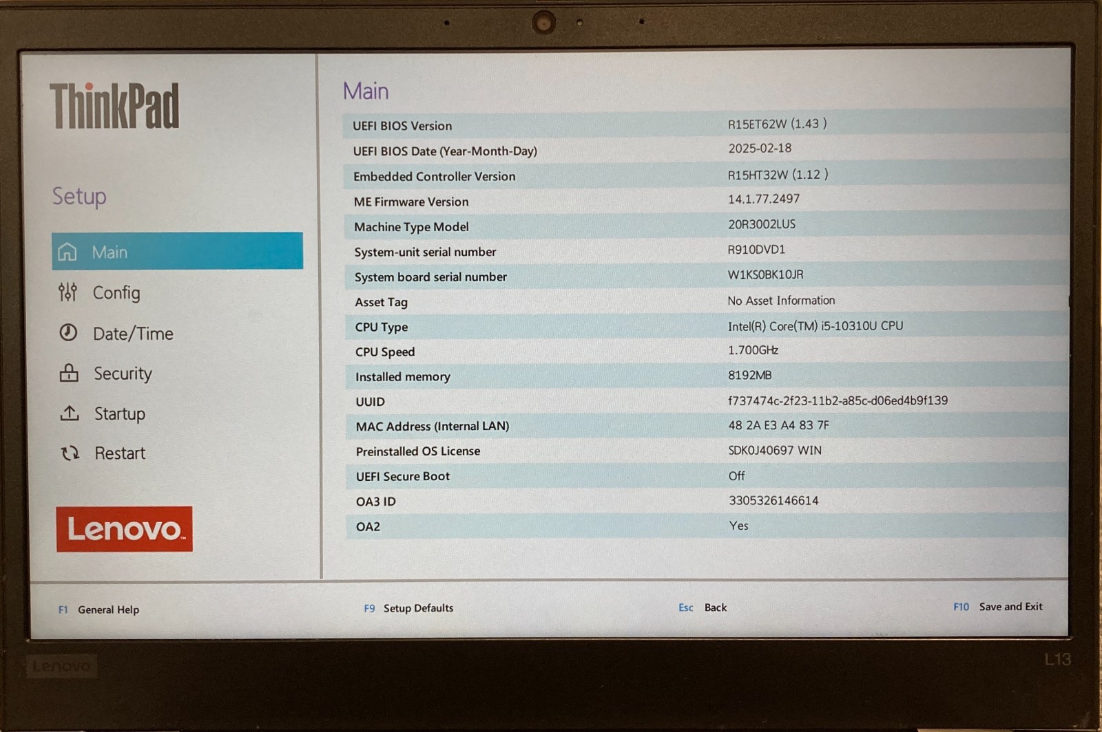 Lenovo ThinkPad L13 Gen 1 14″ Laptop i5-10310U 8GB RAM 256GB NVMe, As Is