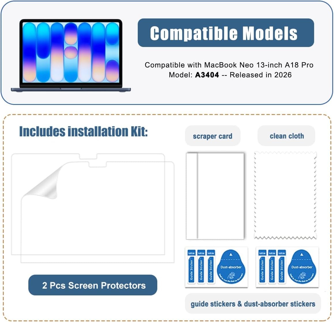 2 Pack Screen Protector for MacBook Neo 13 inches A18 Pro A3404 2026 5H HD Clear