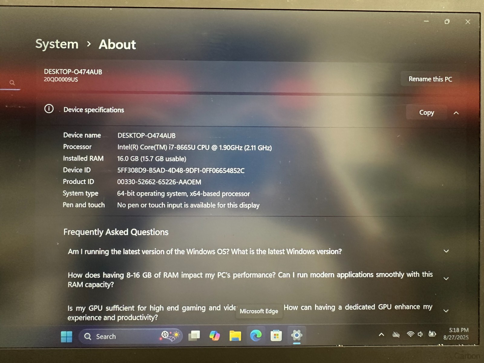 Lenovo TP X1 20QD Carbon 7th Gen 14″ Intel i7-8665U 1.9GHz 16GB 500GB SSD Win 11