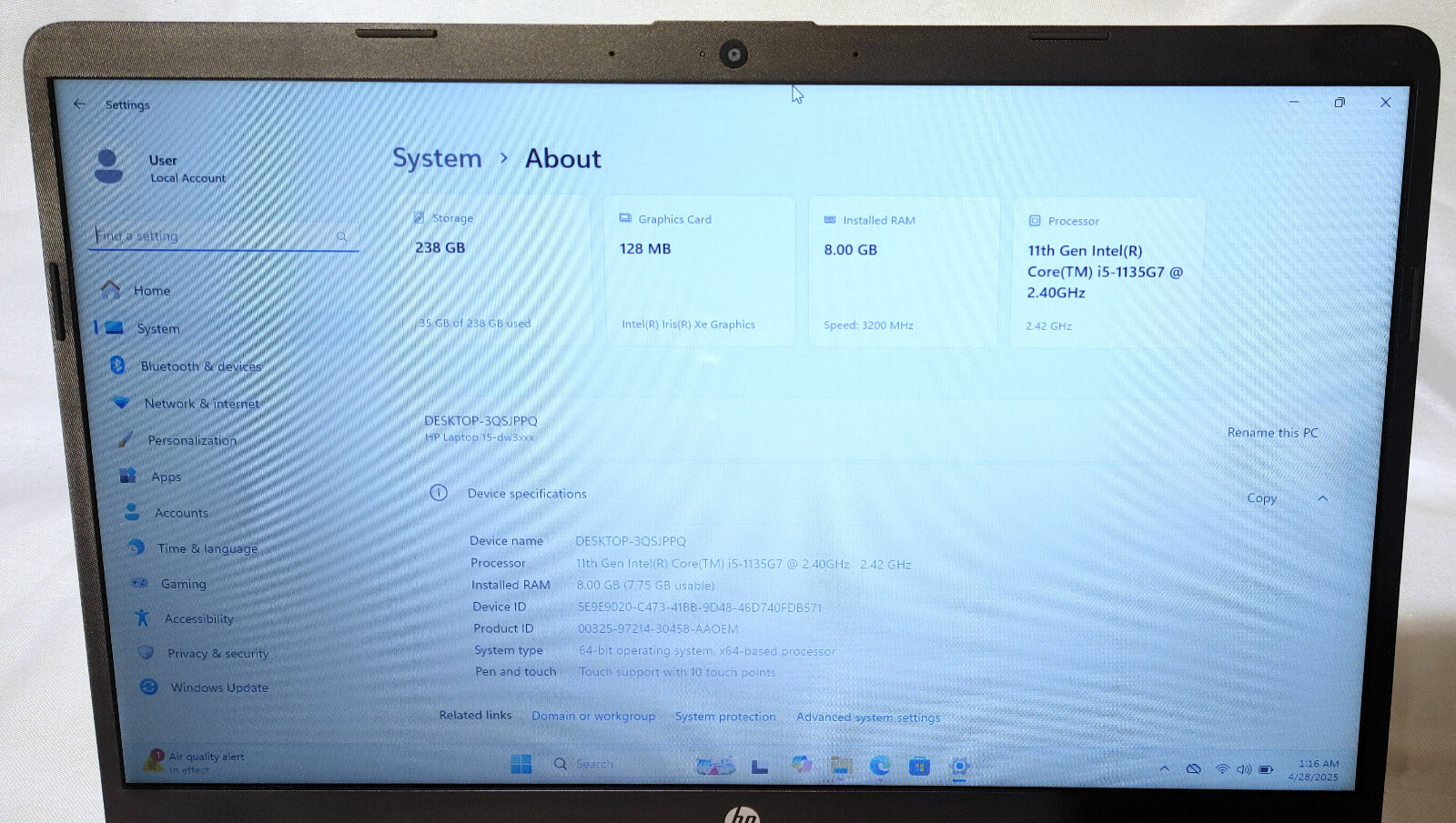 HP 15-dw3015cl 15.6in Laptop Core i5-1135G7 8GB 256GB SSD Re-newed