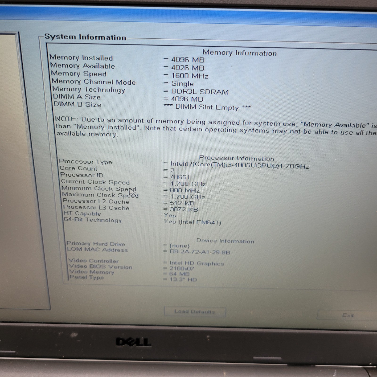 Dell Latitude 3340 Core i3 4005U 1.7GHz 4GB RAM No HDD 13″ – ***Boot to Bios