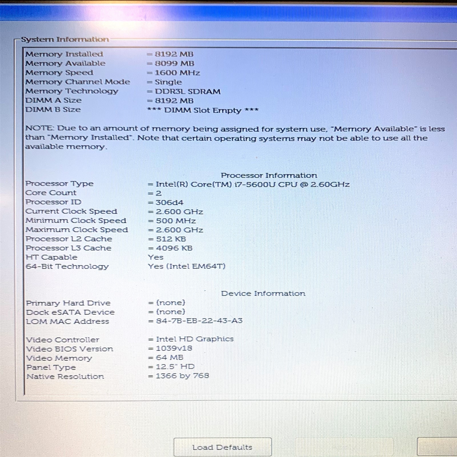 Dell Latitude E7250 12.5″ HD Intel Core i7-5600U 2.60GHz 8GB No Drive, Bad Batt
