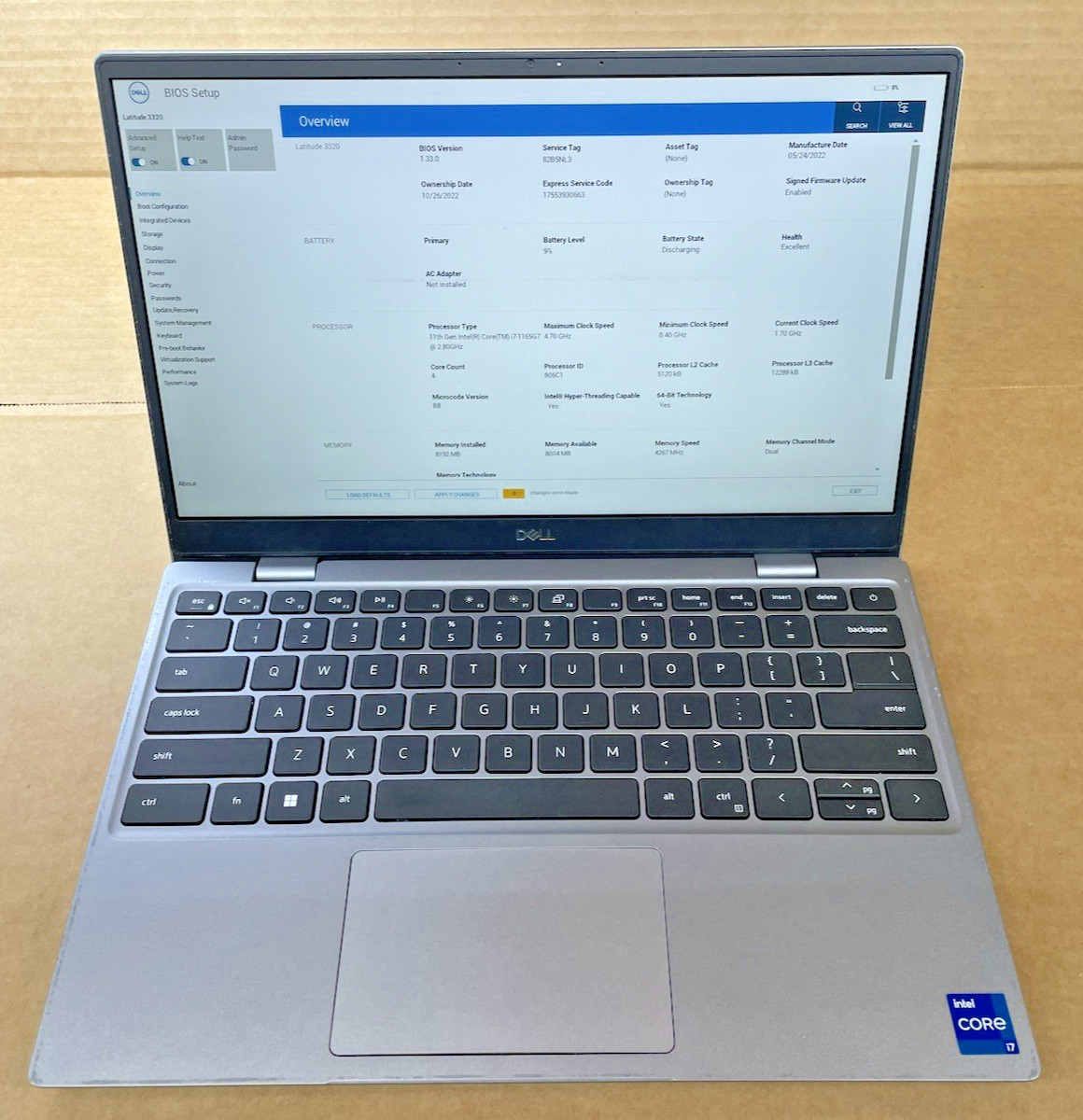 Dell Latitude 3320, Intel Core i7-1165G7 @ 2.80GHz, 8GB RAM, No SSD No Os
