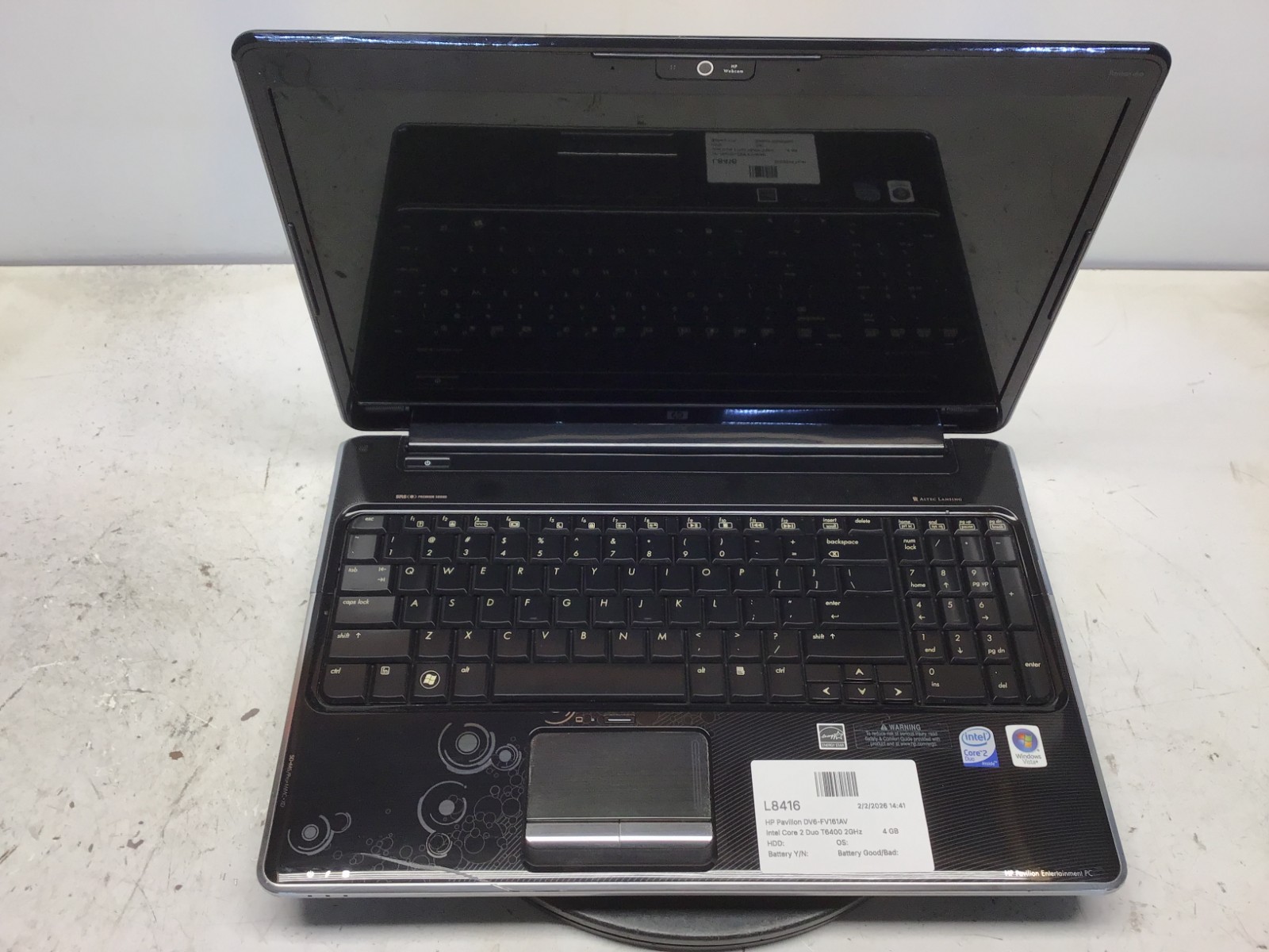 HP Pavilion DV6-FV161AV Intel Core 2 Duo T6400 2GHz 4 GB NO HDD