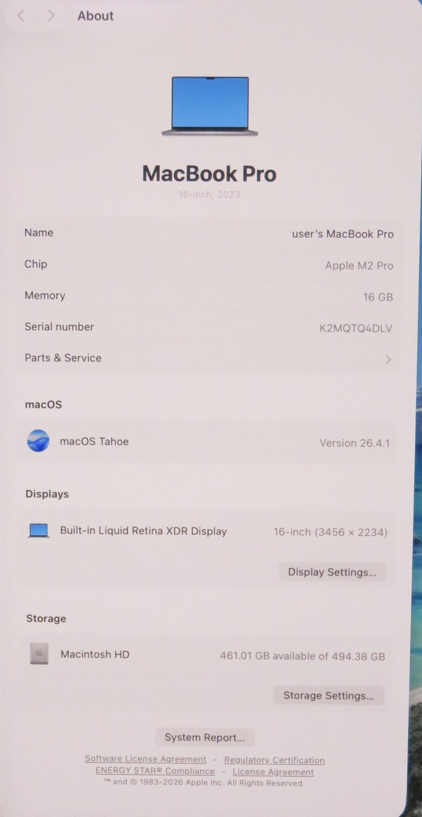 Apple Macbook Pro 2023 16in Retina M2 Pro 16GB RAM 512GB Tahoe A2780