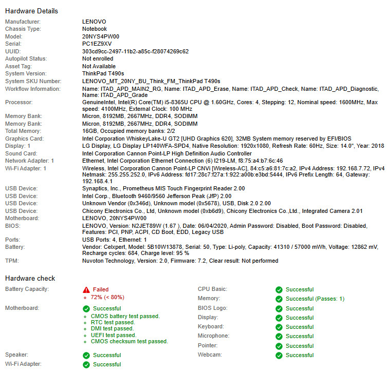 Lenovo ThinkPad T490s, i5-8365U CPU @ 1.60GHz, 16GB RAM-No HDD/OS/Charger