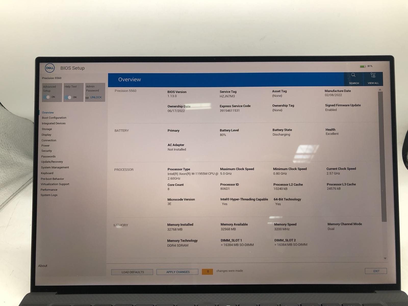 DELL PRECISION 5560 15.6″ i7 2.60GHz 32GB RAM 1TB SSD Grade D