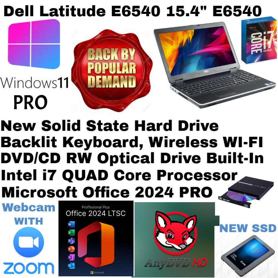 Dell E6540_WIndows11💥New 250 SSD💻i7 QUAD💻BACKLIT_DVD/CD+Cam💻Office 2024 PRO
