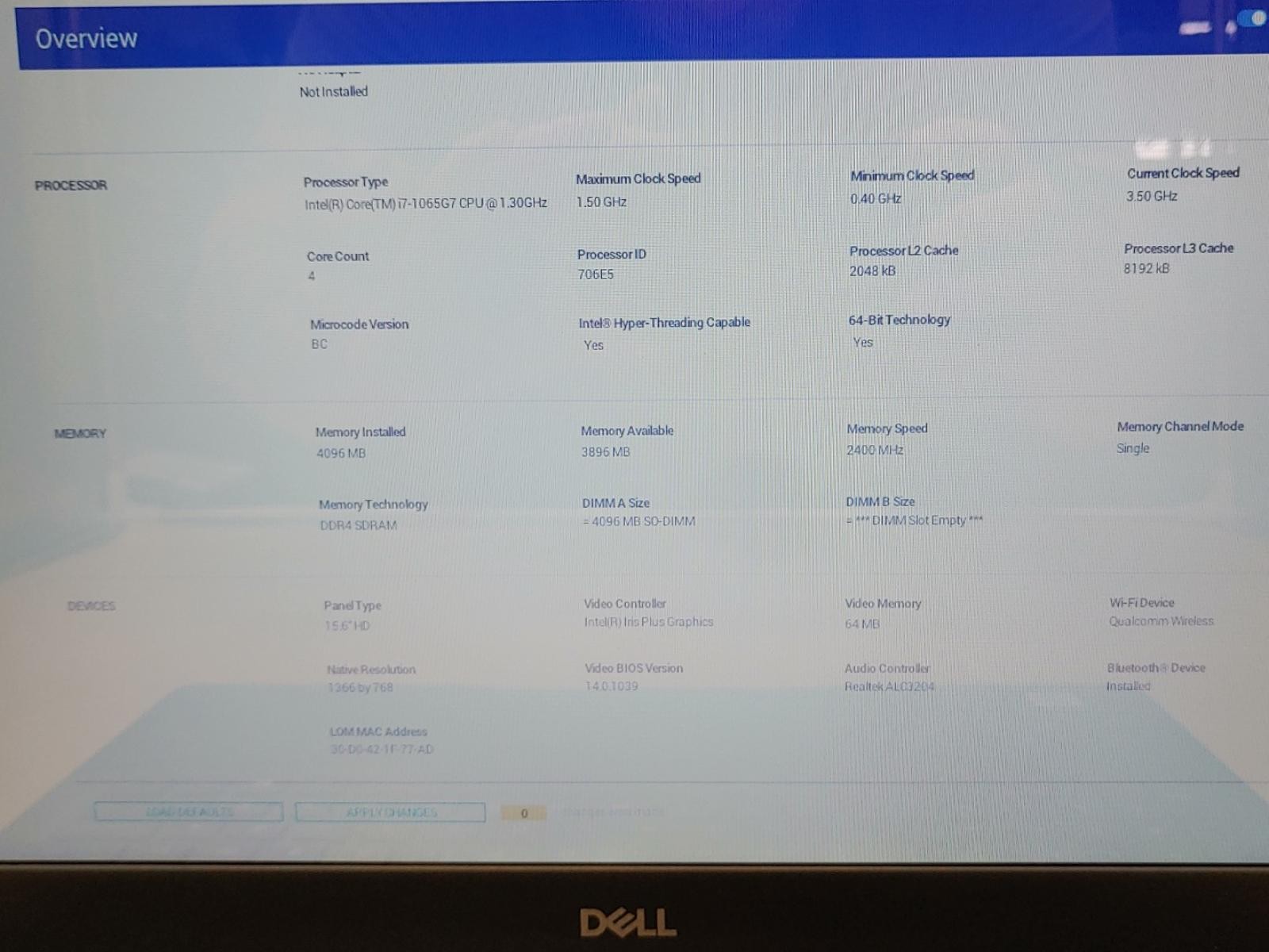 Dell Inspiron 3593 15.6″ Touch i7-1065G7 4GB *NO HDD/SSD/OS/AC* *BROKEN DC JACK*